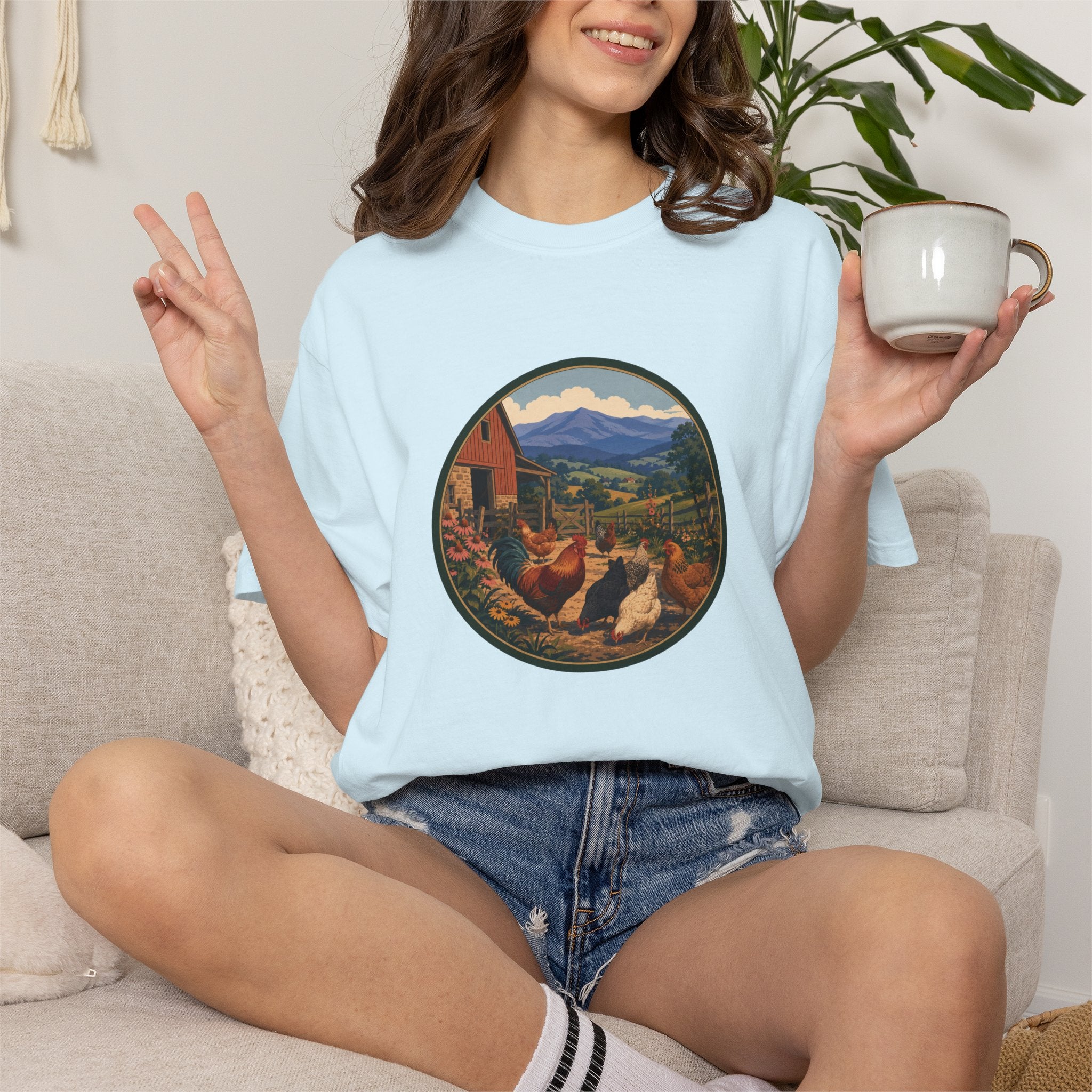 Chicken Farm Vintage Tee — Pastoral Hen Scene T-Shirt