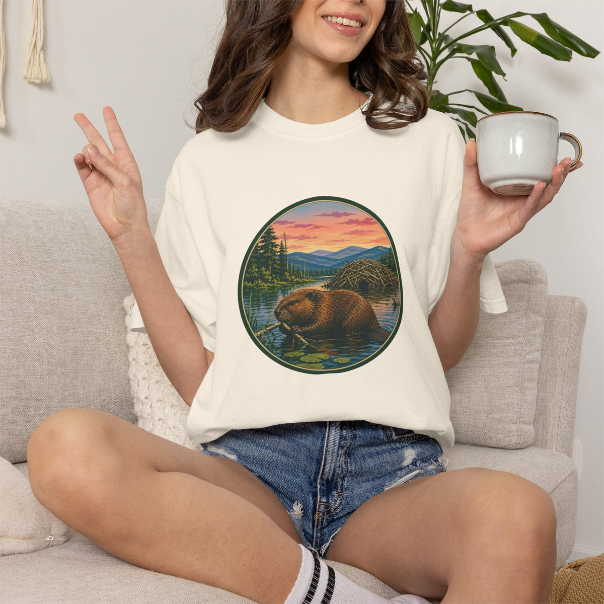 Beaver Sunset T-Shirt — Mountain Lake Wildlife Graphic Tee