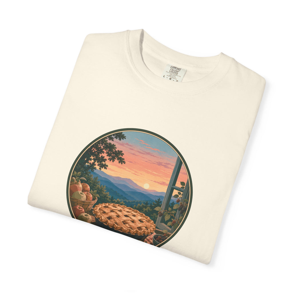 Scenic Pie Window T-Shirt — Sunset Mountain View Graphic Tee