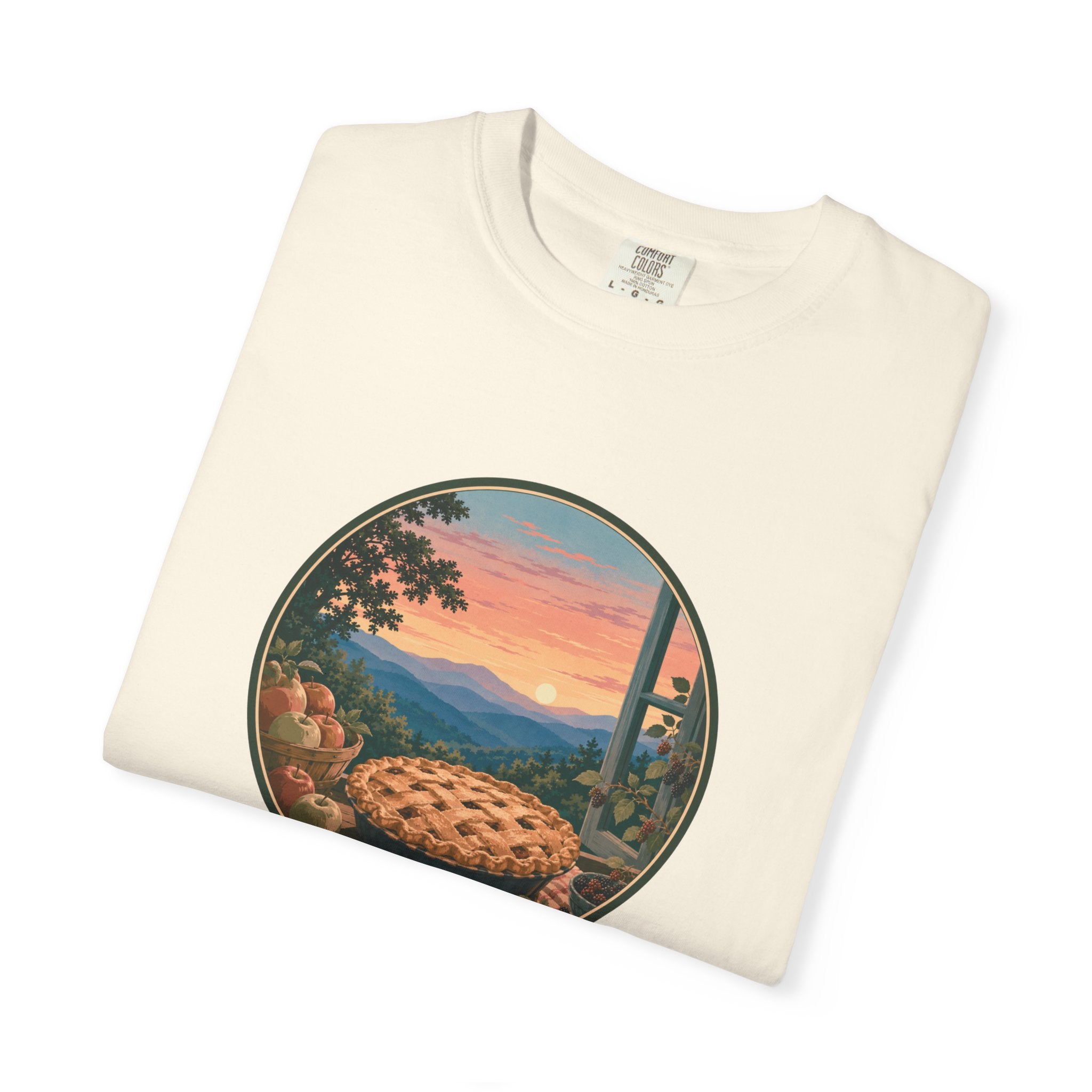 Scenic Pie Window T-Shirt — Sunset Mountain View Graphic Tee