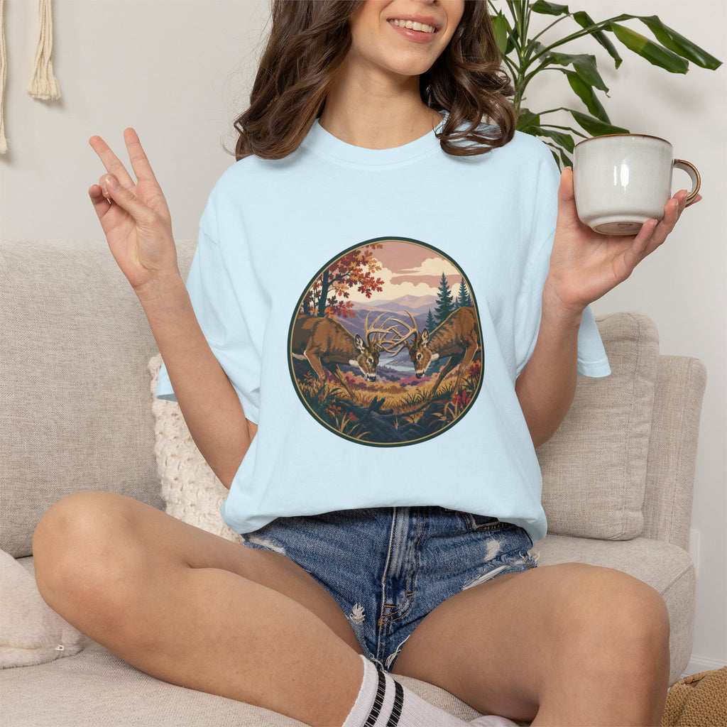 Scenic Wilderness Circle T-Shirt — Mountain Camping & Deer Nature Graphic