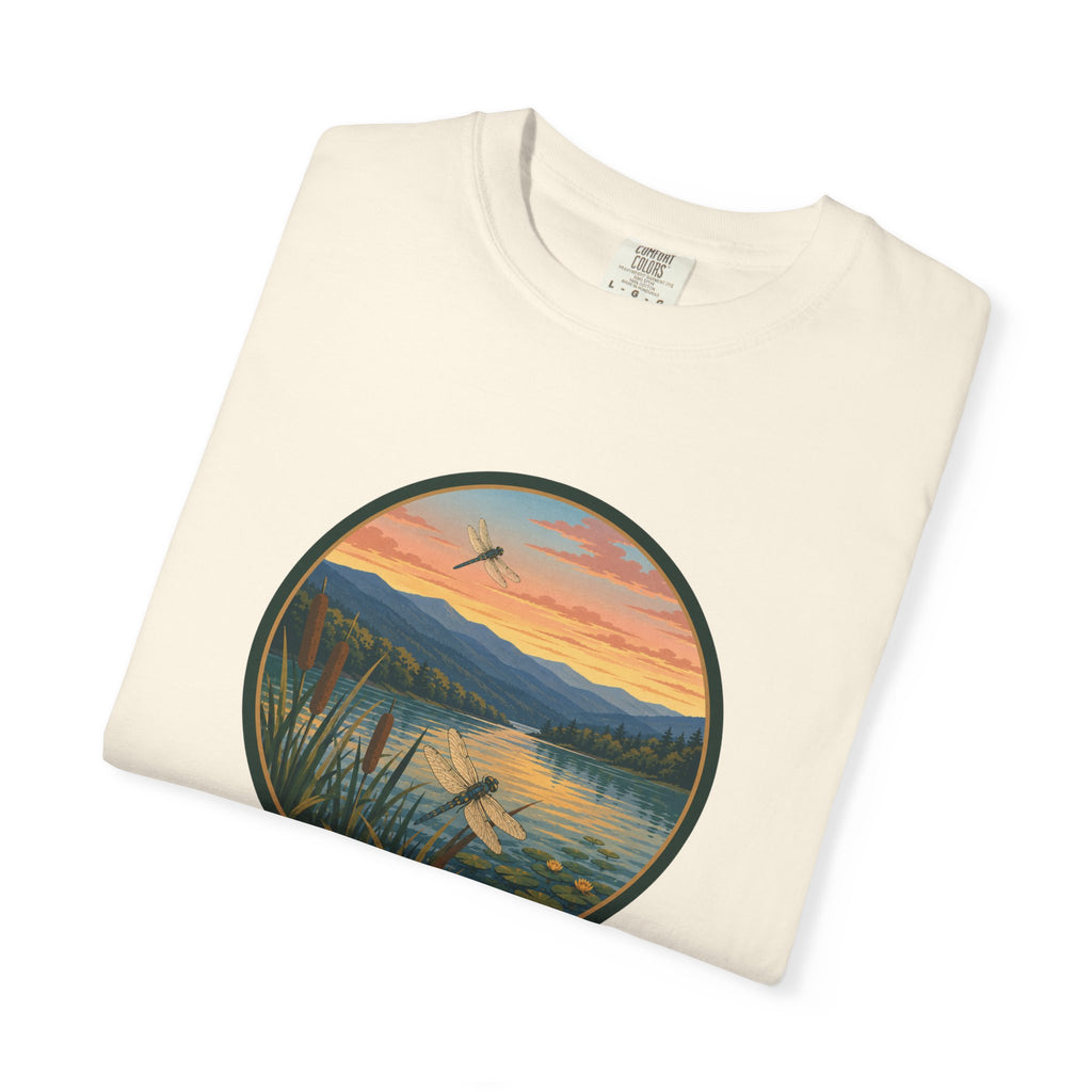 Dragonfly Sunset Lake Scene T-Shirt — Scenic Mountain Nature Tee