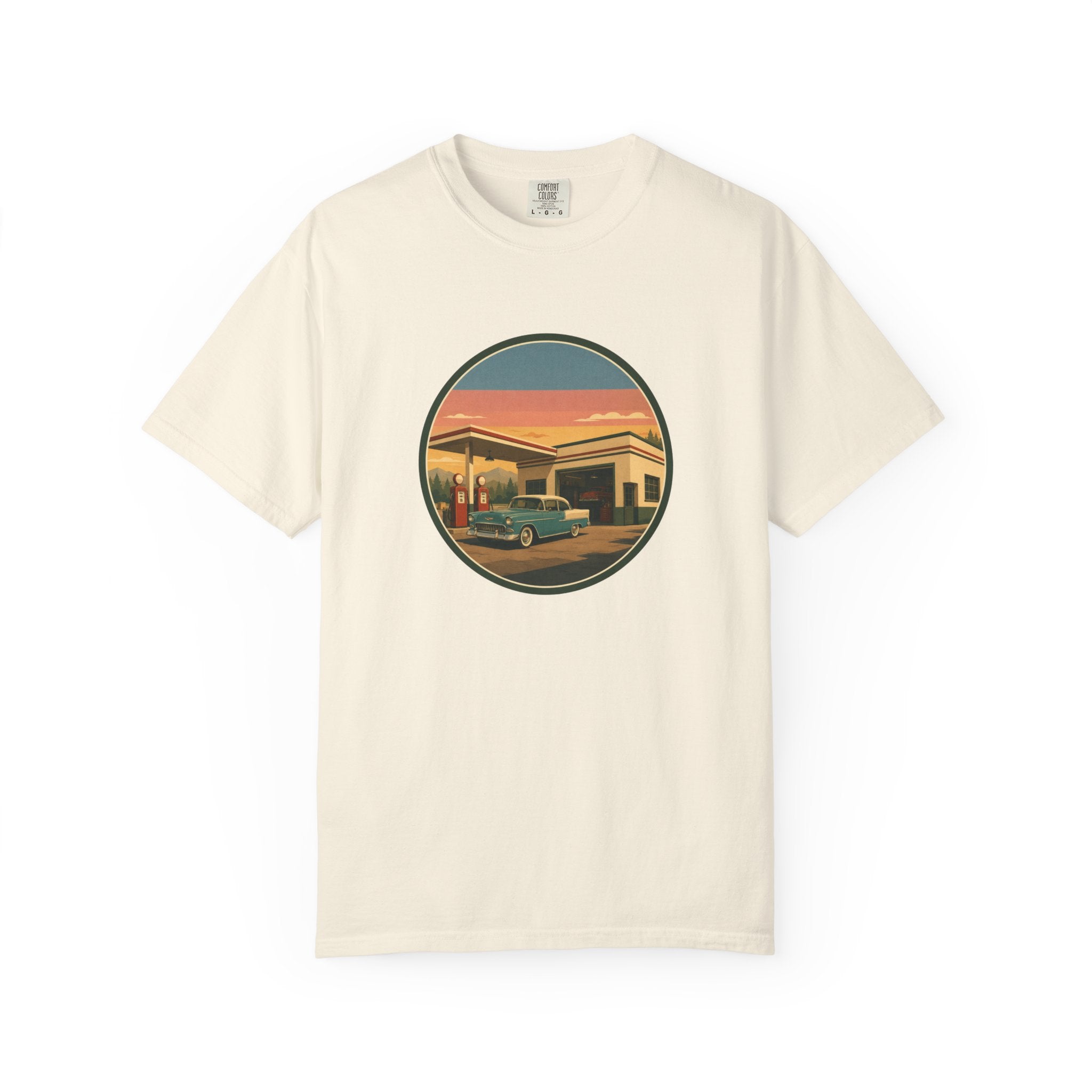 Retro Gas Station T-Shirt — Vintage Sunset Roadside Design