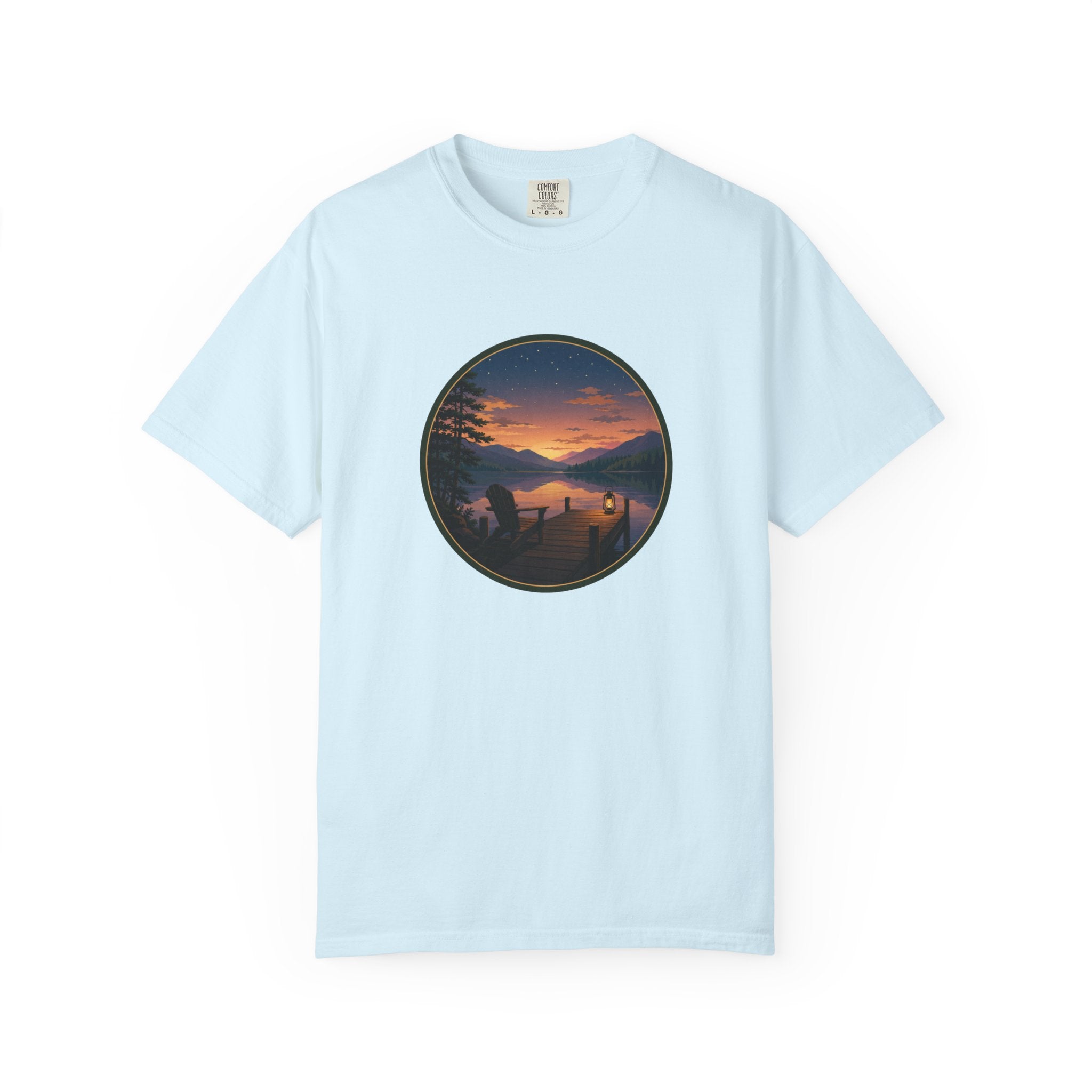Sunset Lake Camping T-Shirt — Scenic Mountain Lantern Graphic