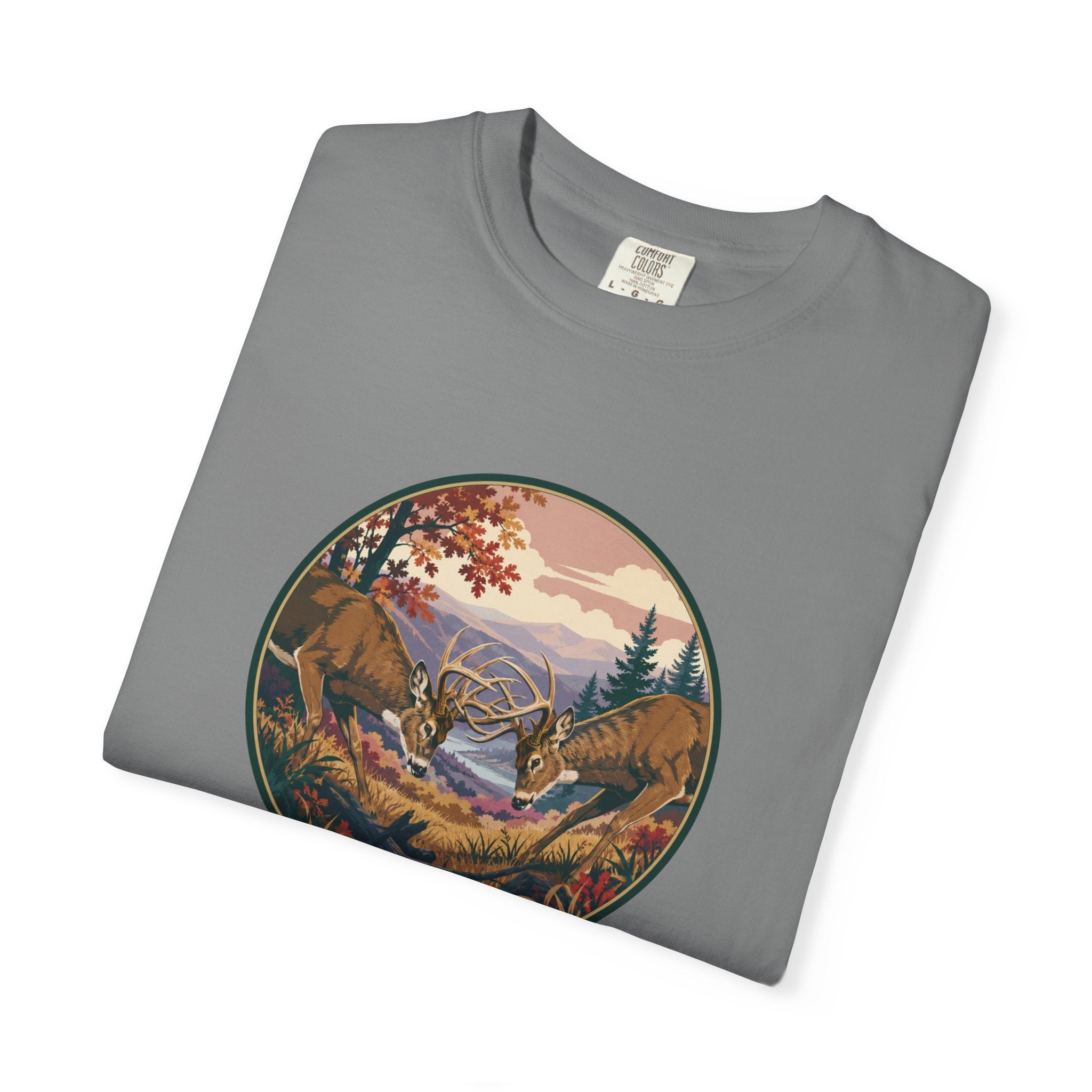 Scenic Wilderness Circle T-Shirt — Mountain Camping & Deer Nature Graphic