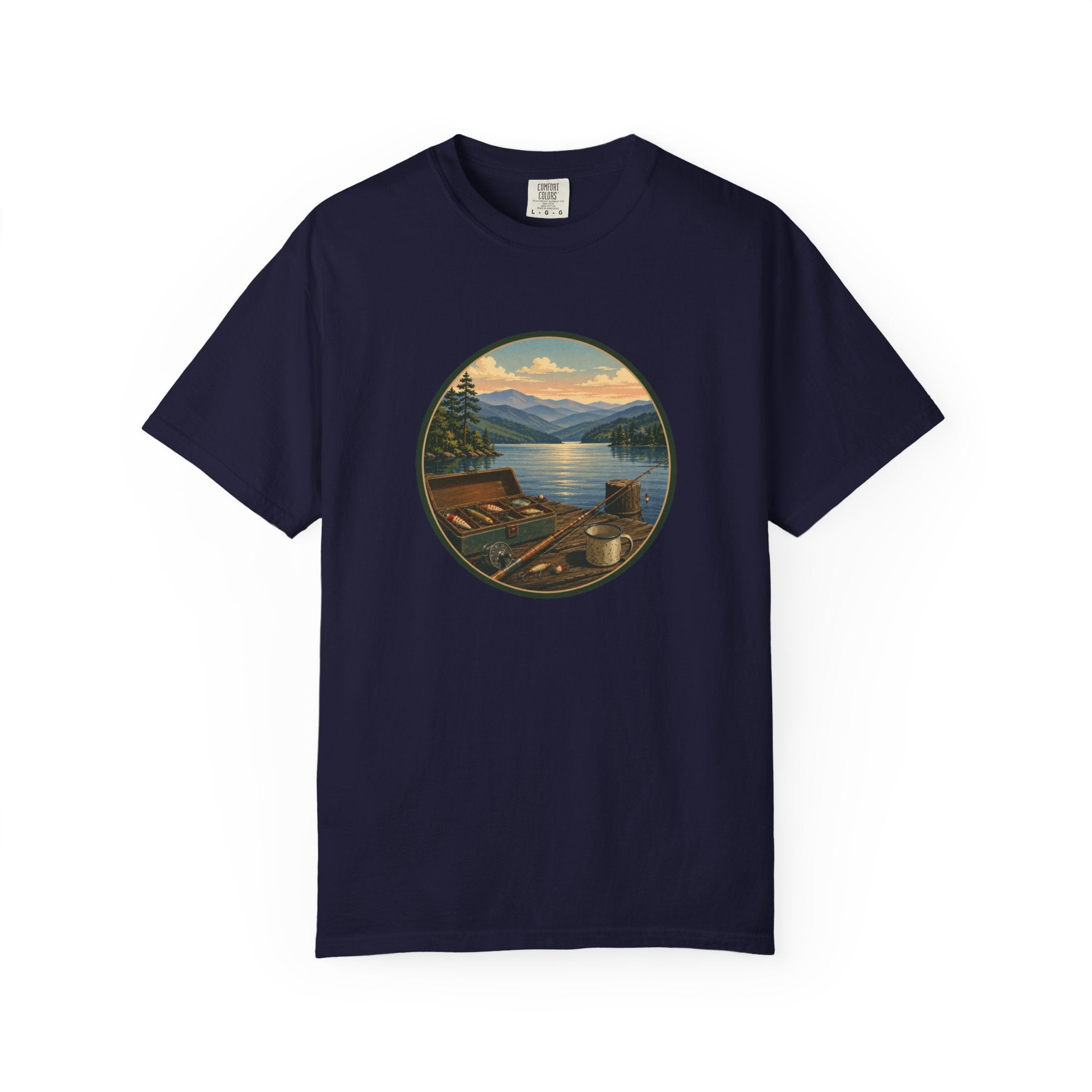 Vintage Fishing Tackle T-Shirt — Mountain View Dock Scene Tee