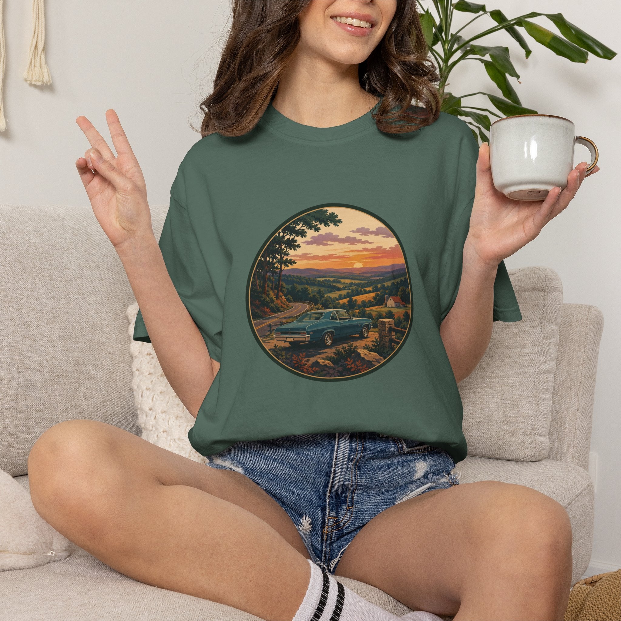 Sunset Valley Classic Car Landscape T-Shirt