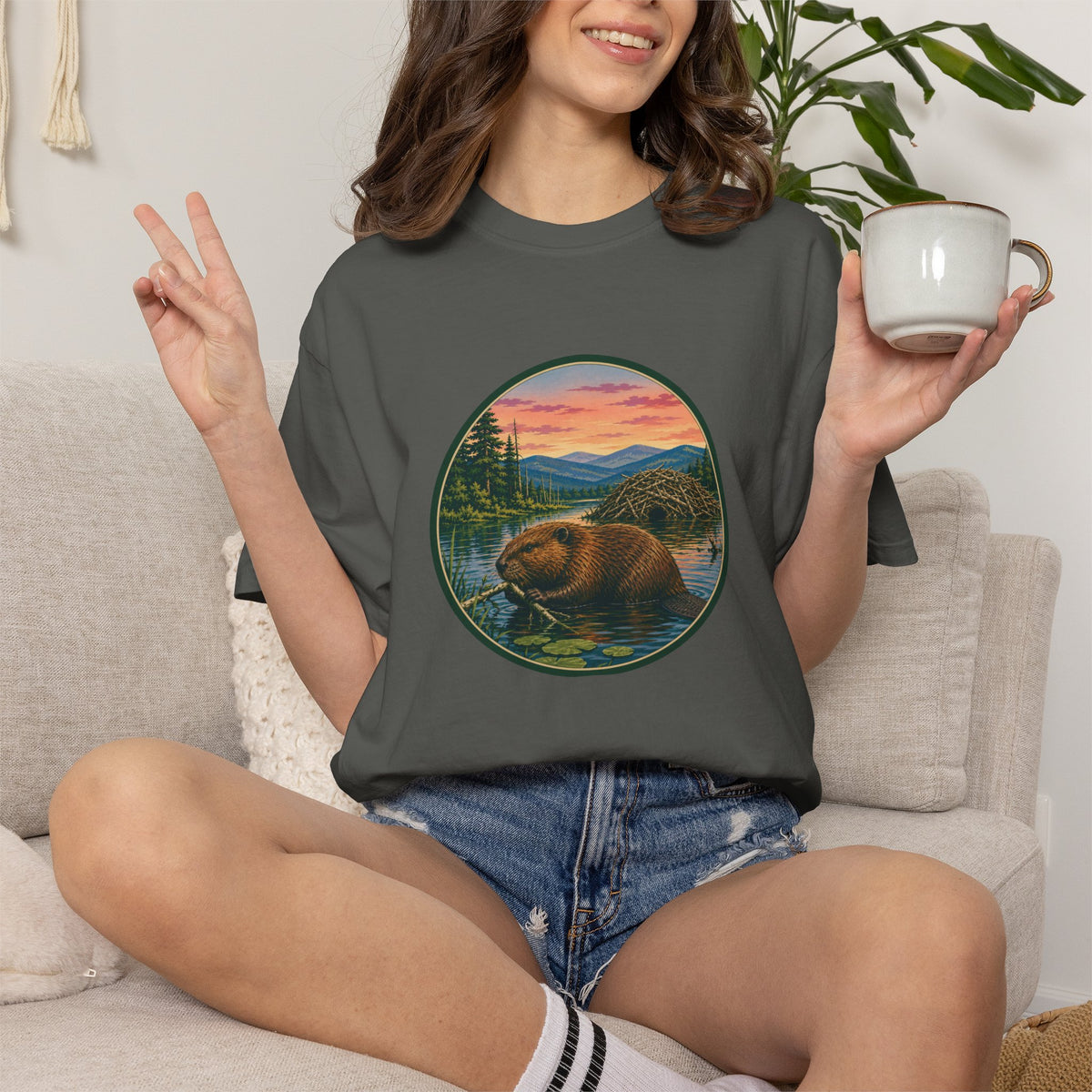Beaver Sunset T-Shirt — Mountain Lake Wildlife Graphic Tee