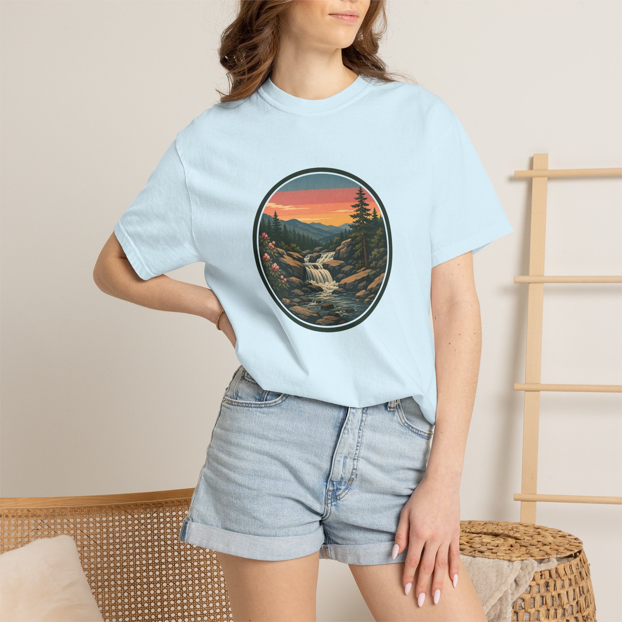 Scenic Waterfall T‑Shirt — Sunset Wilderness Nature Graphic