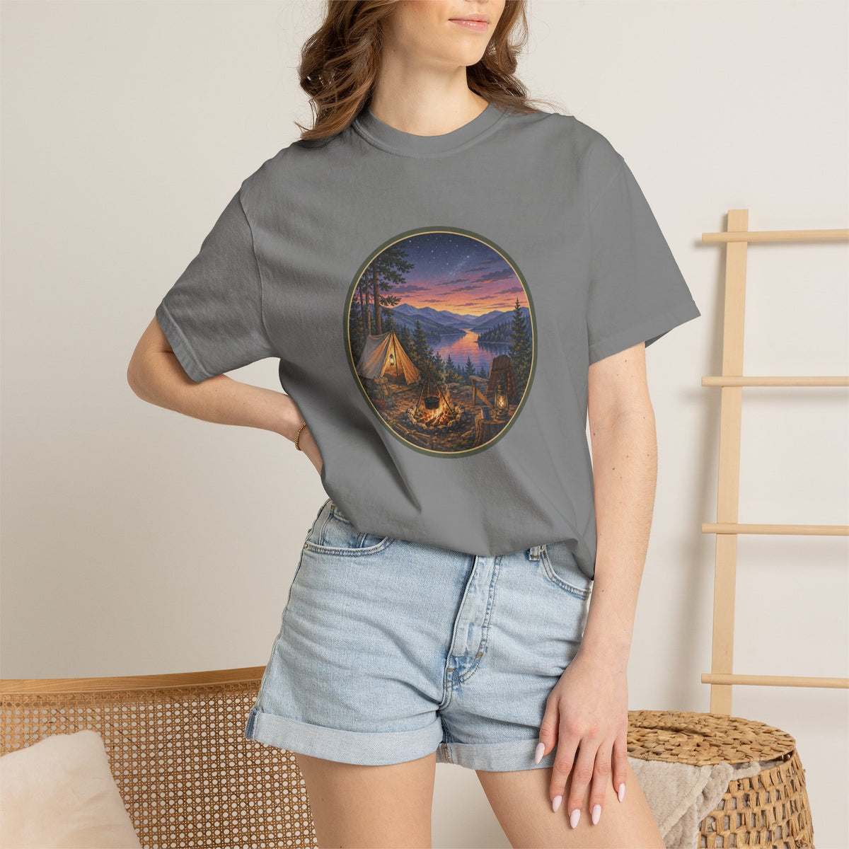Camping Sunset T-Shirt — Riverside Campfire Night Scene