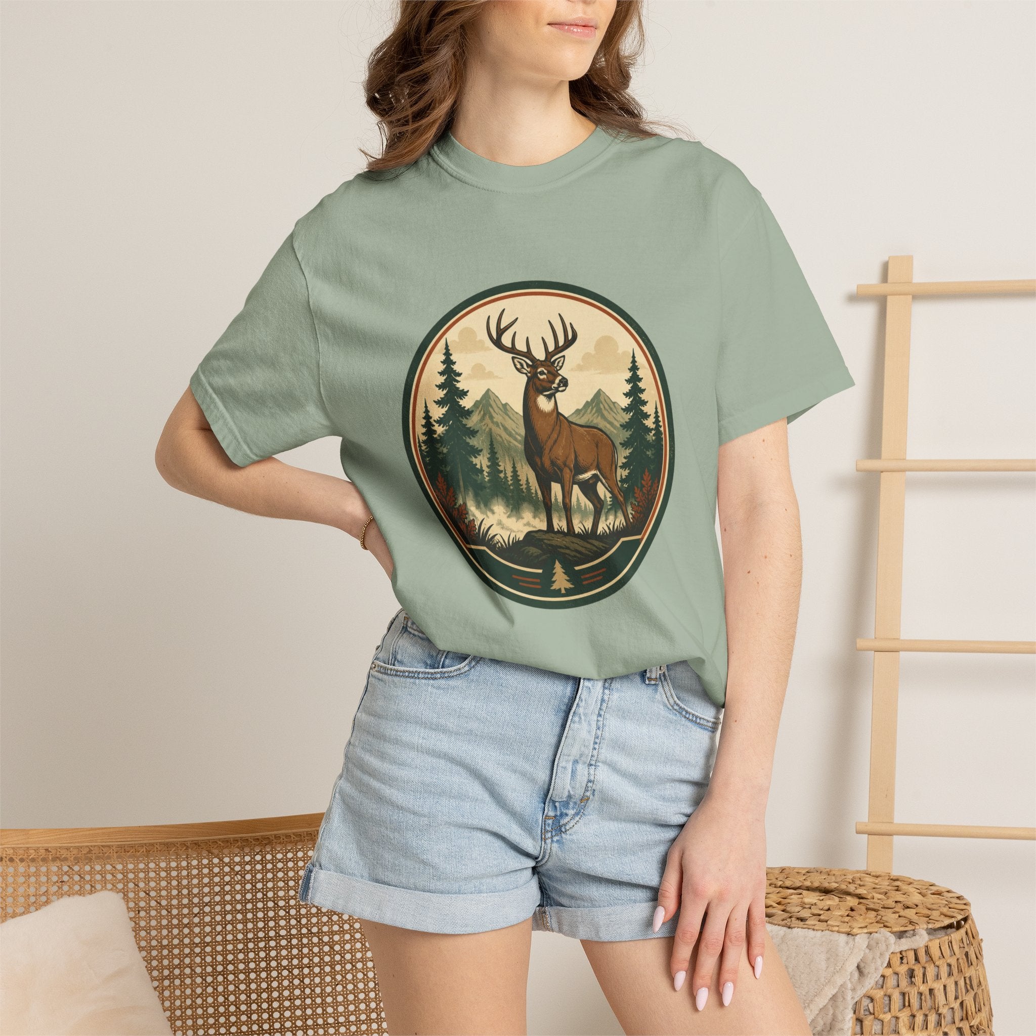 Deer Forest Badge T-Shirt – Vintage Outdoor Wildlife Graphic
