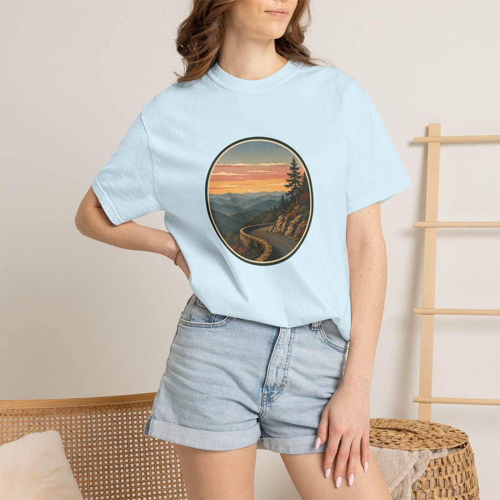 Scenic Sunset Road T-Shirt — Mountain Drive Vintage Circle Graphic