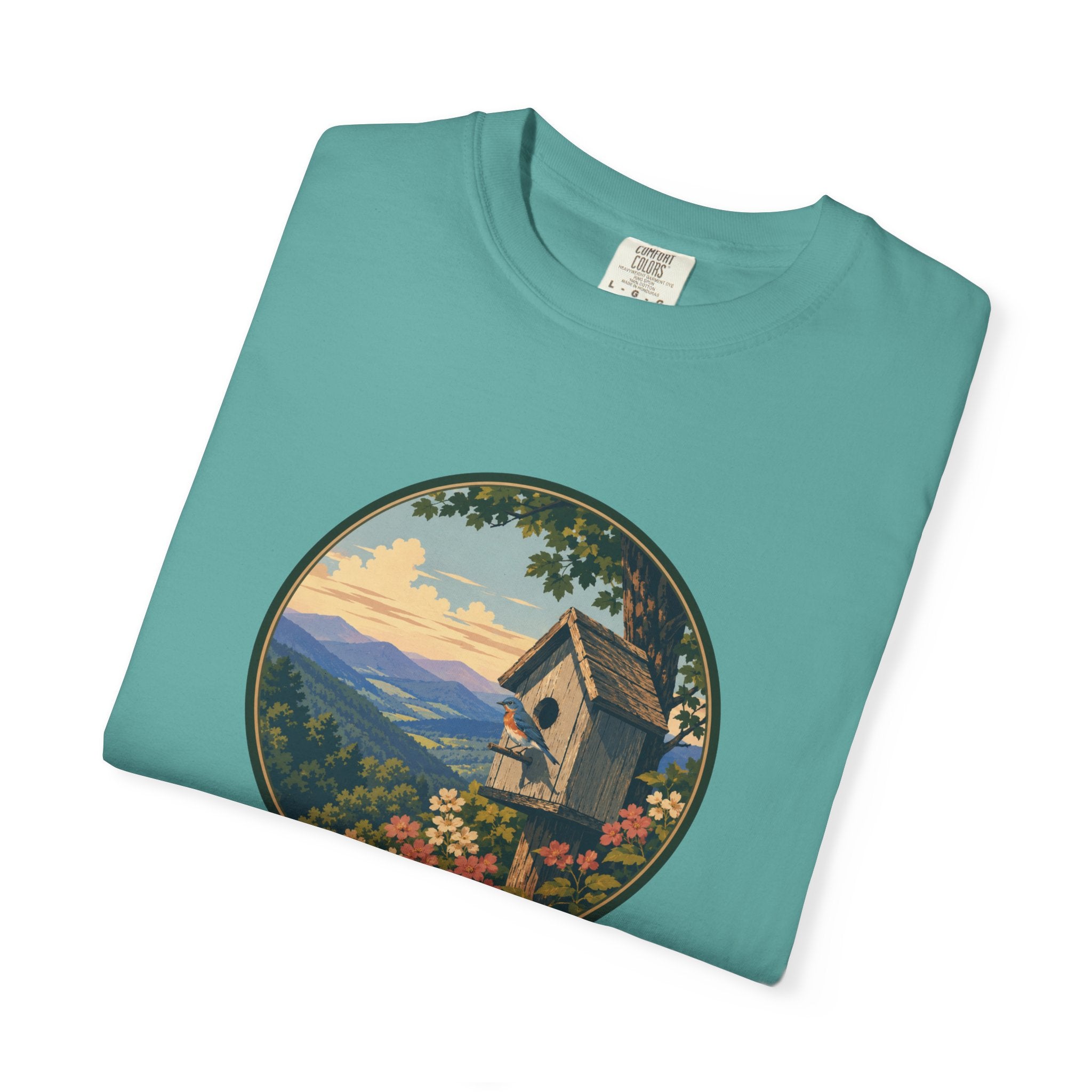 Scenic Birdhouse Tee — Mountain Sunrise Nature T-Shirt