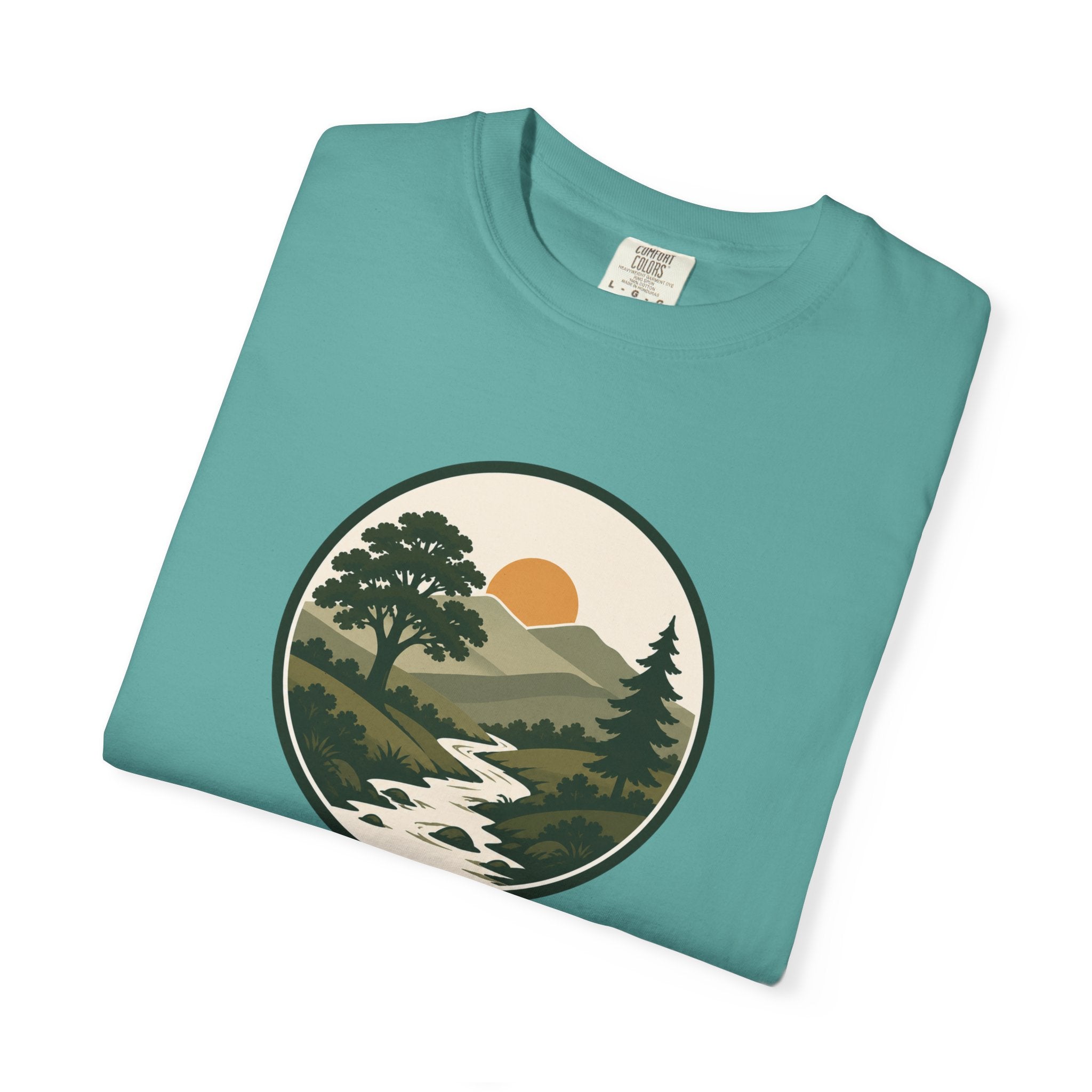 Simple Goodness Badge T-Shirt — Scenic Mountain Sunset River Design