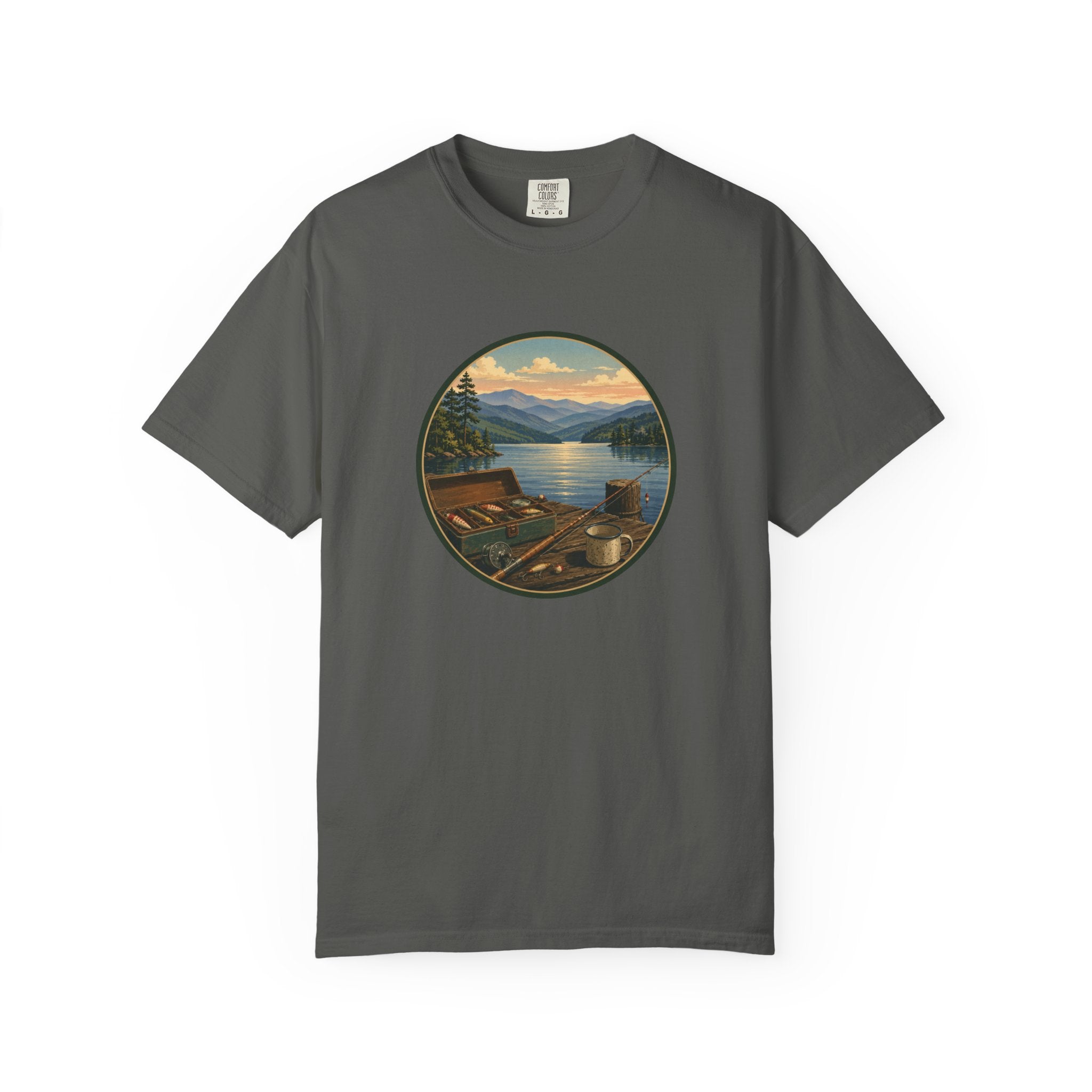 Vintage Fishing Tackle T-Shirt — Mountain View Dock Scene Tee