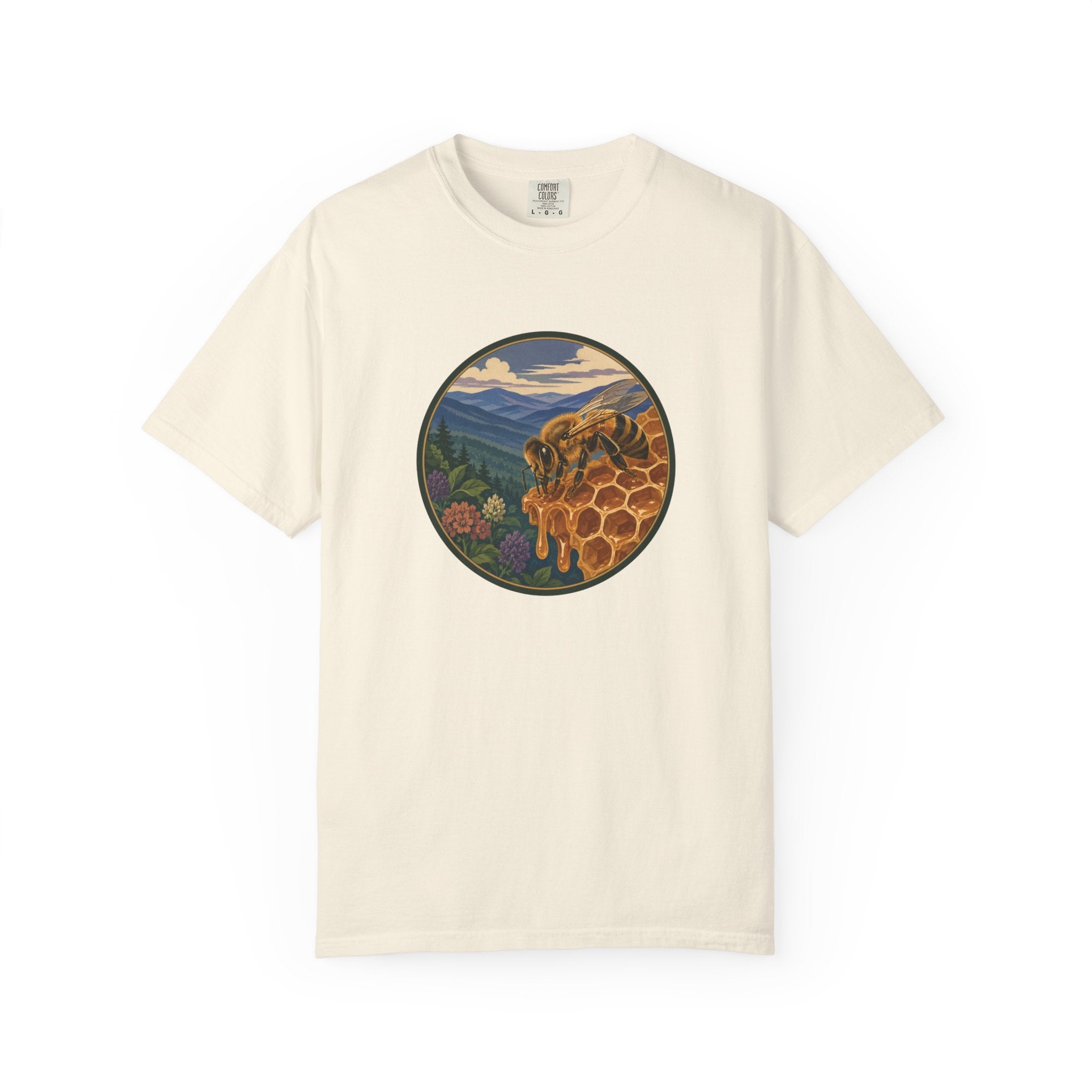 Honey Bee & Mountains Graphic T-Shirt — Honeycomb Nature Illustration