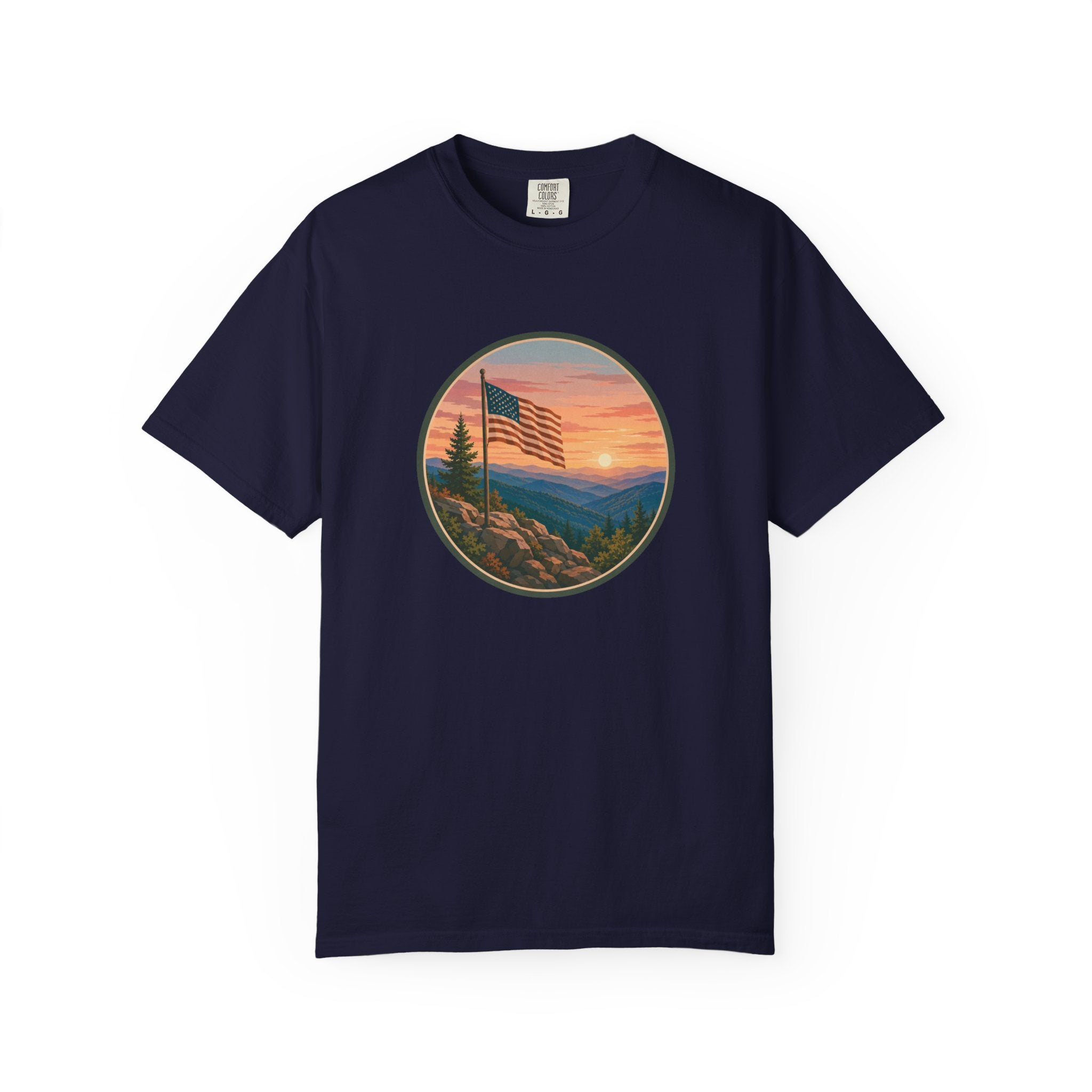 Flag Over Blue Ridge Mountains T-Shirt — Scenic Sunset American Flag Graphic Tee