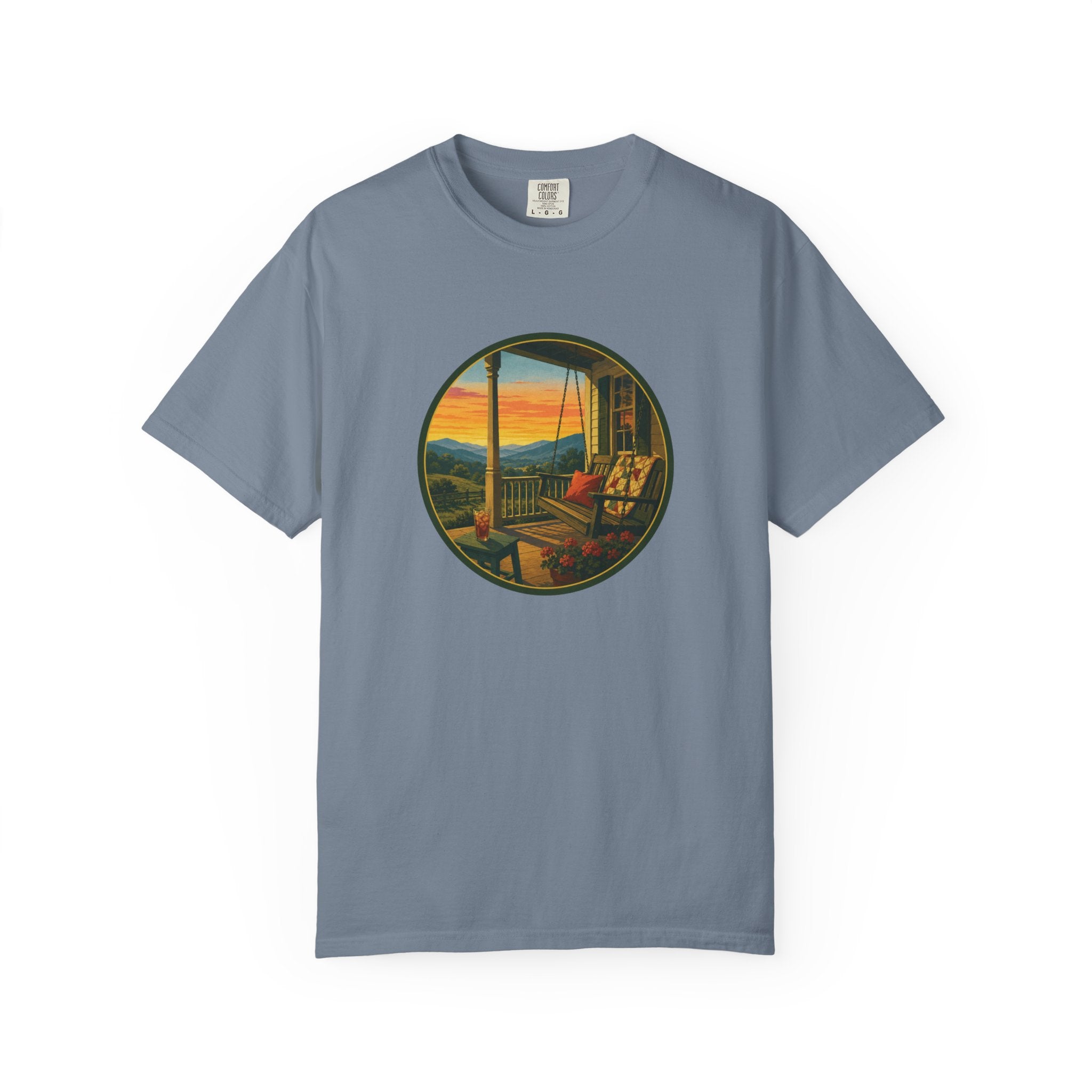 Sunset Porch Circle T-Shirt — Scenic Porch Swing Graphic Tee