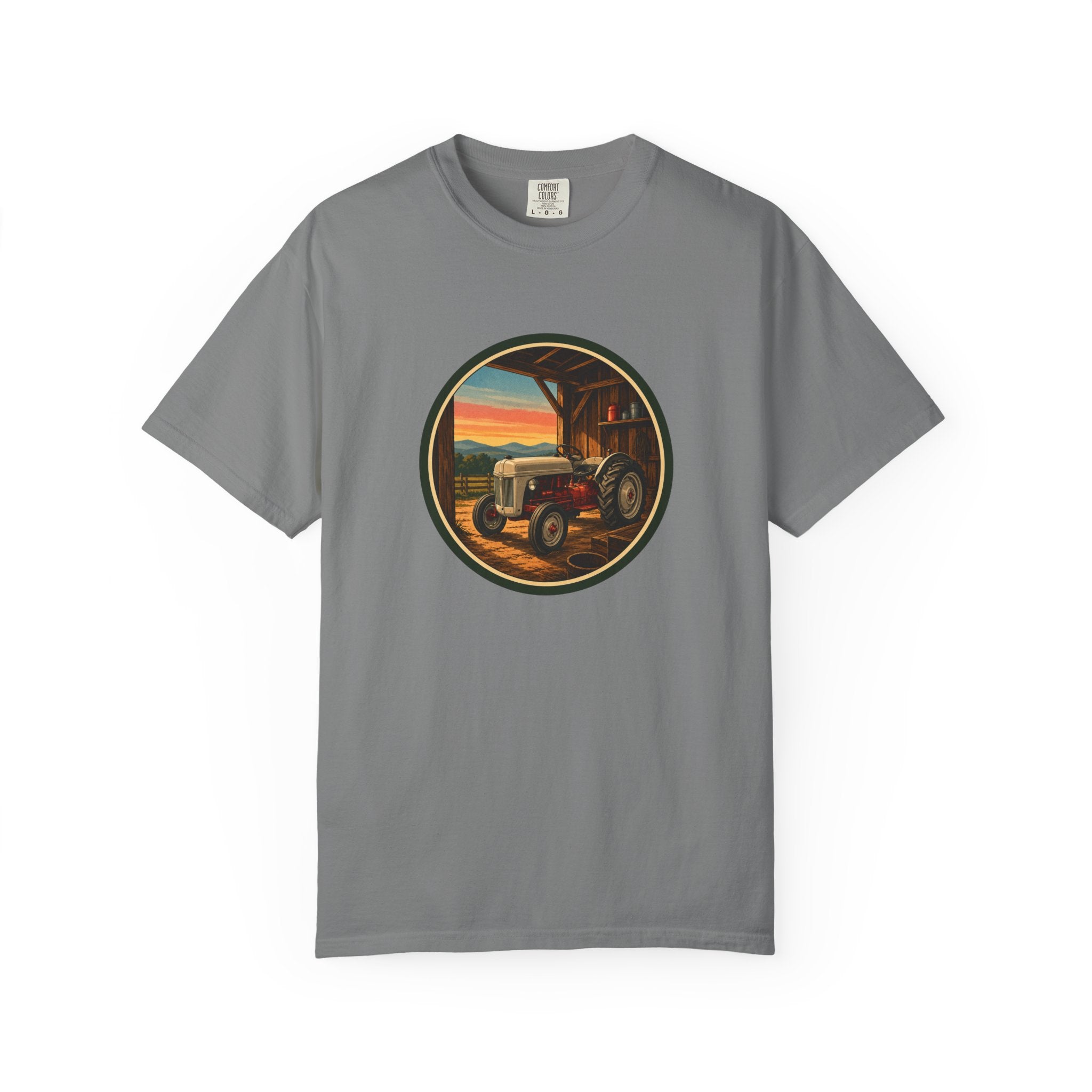 Vintage Tractor Circle T-Shirt — Rustic Farmstead Sunset Tee