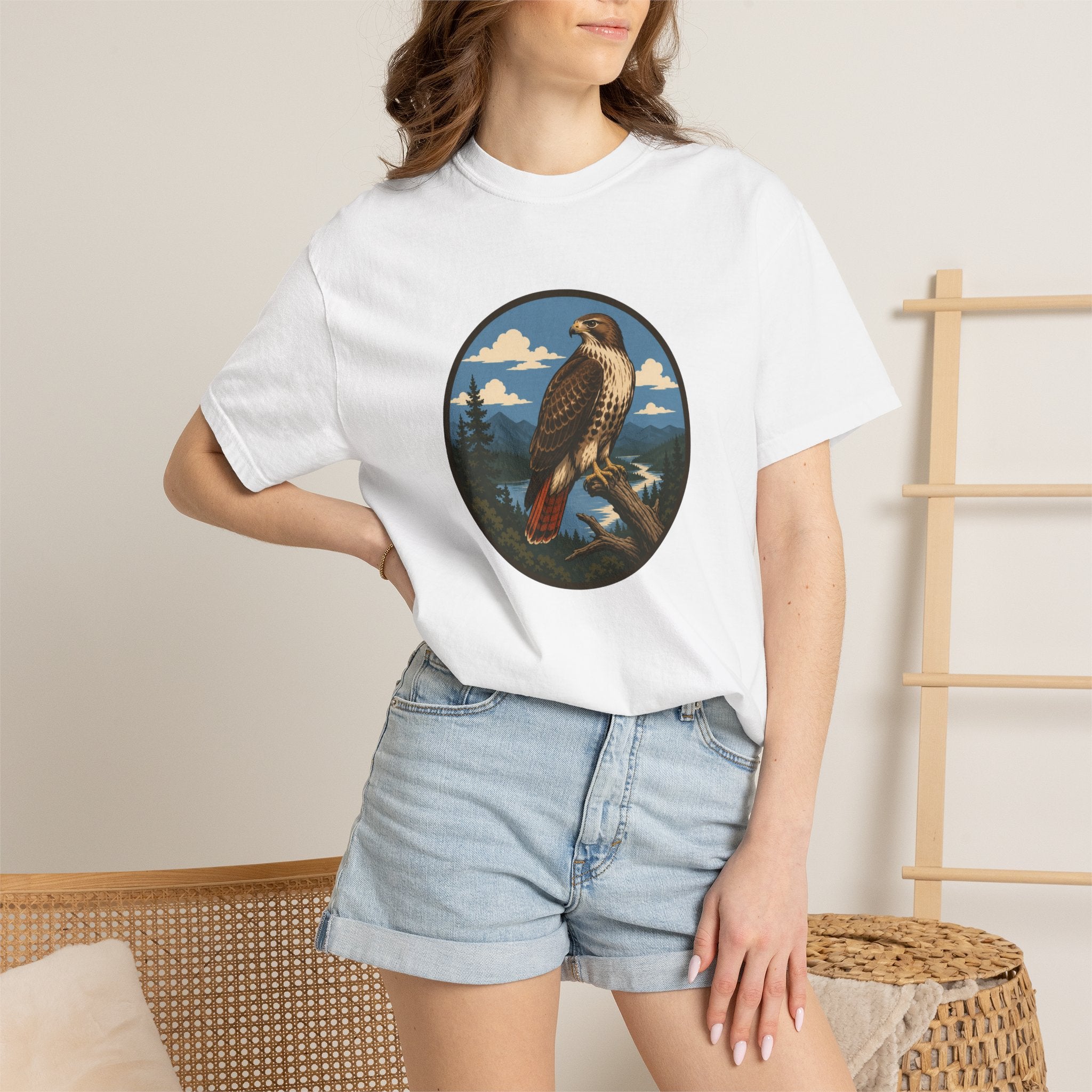 Red-Tail Hawk Mountain Circle T-Shirt — Vintage Hawk Nature Graphic Tee
