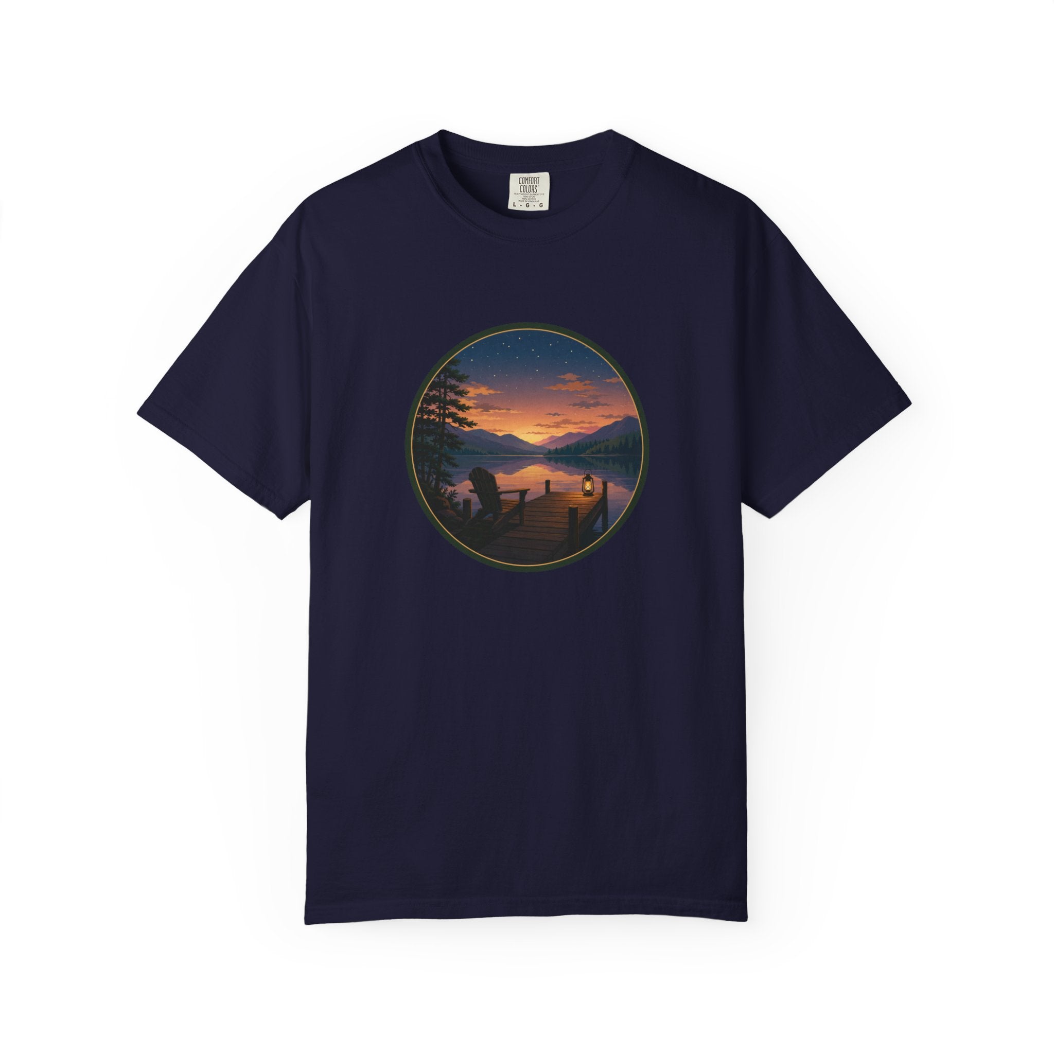 Sunset Lake Camping T-Shirt — Scenic Mountain Lantern Graphic