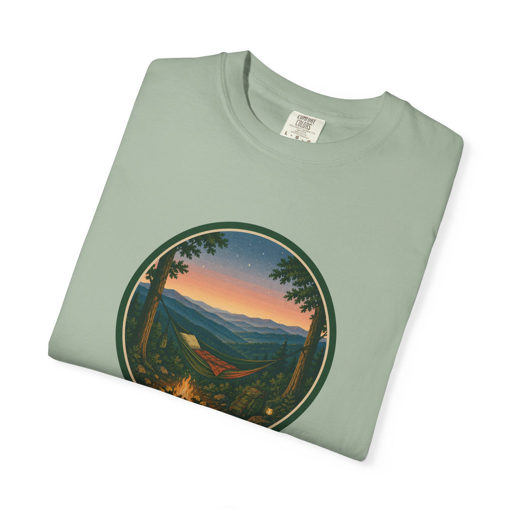 Campfire Mountain Sunset T-Shirt — Scenic Hiking Adventure Tee