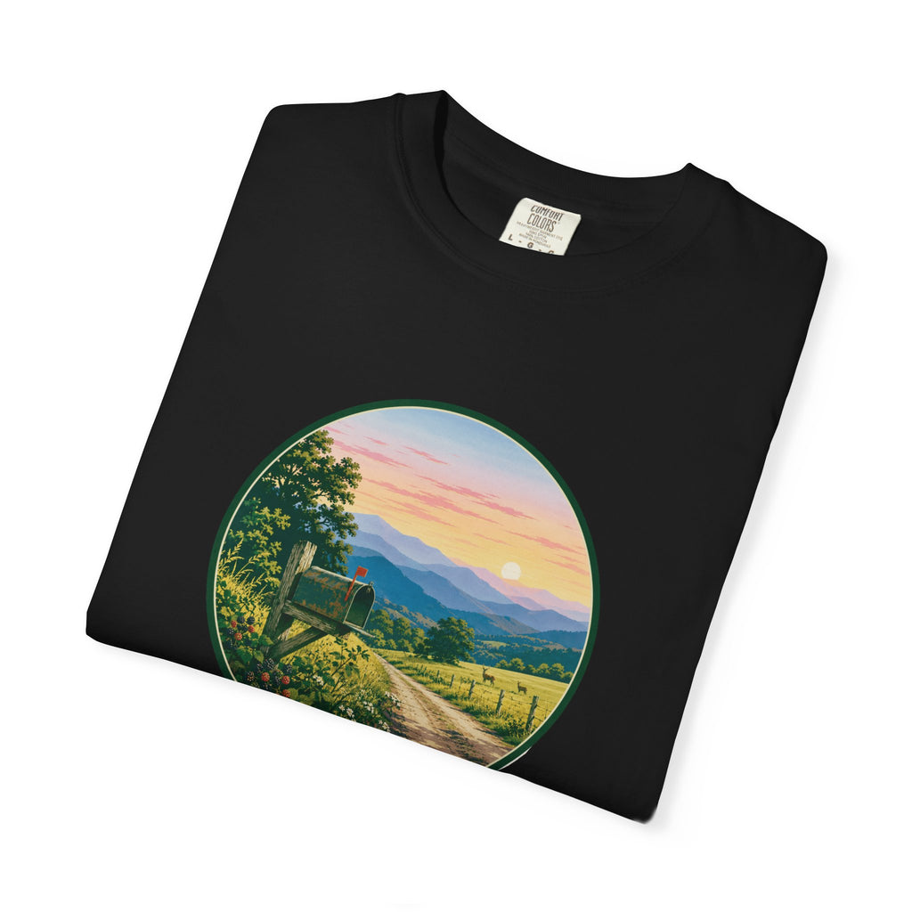 Scenic Backroad Sunset T-Shirt — Vintage Mailbox Circle Landscape Tee