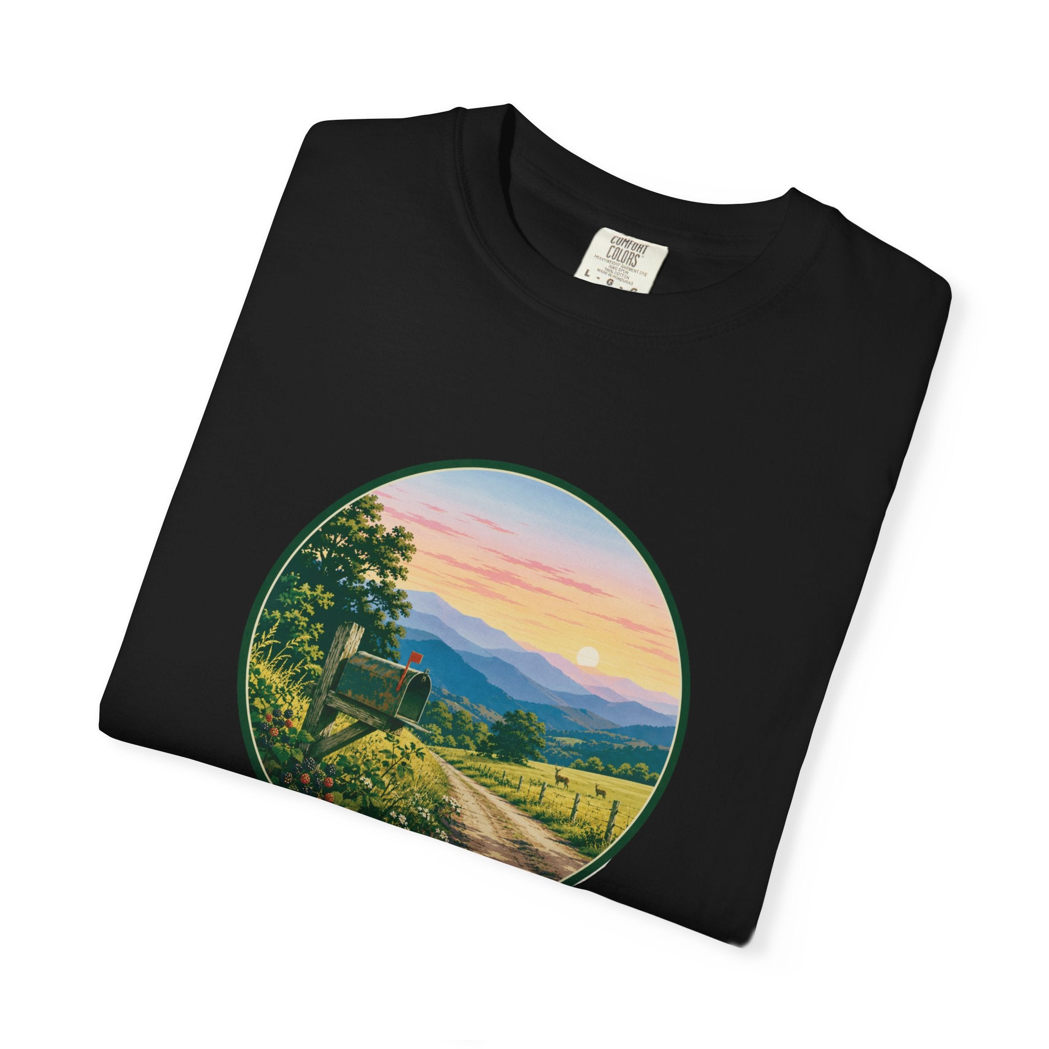 Scenic Backroad Sunset T-Shirt — Vintage Mailbox Circle Landscape Tee