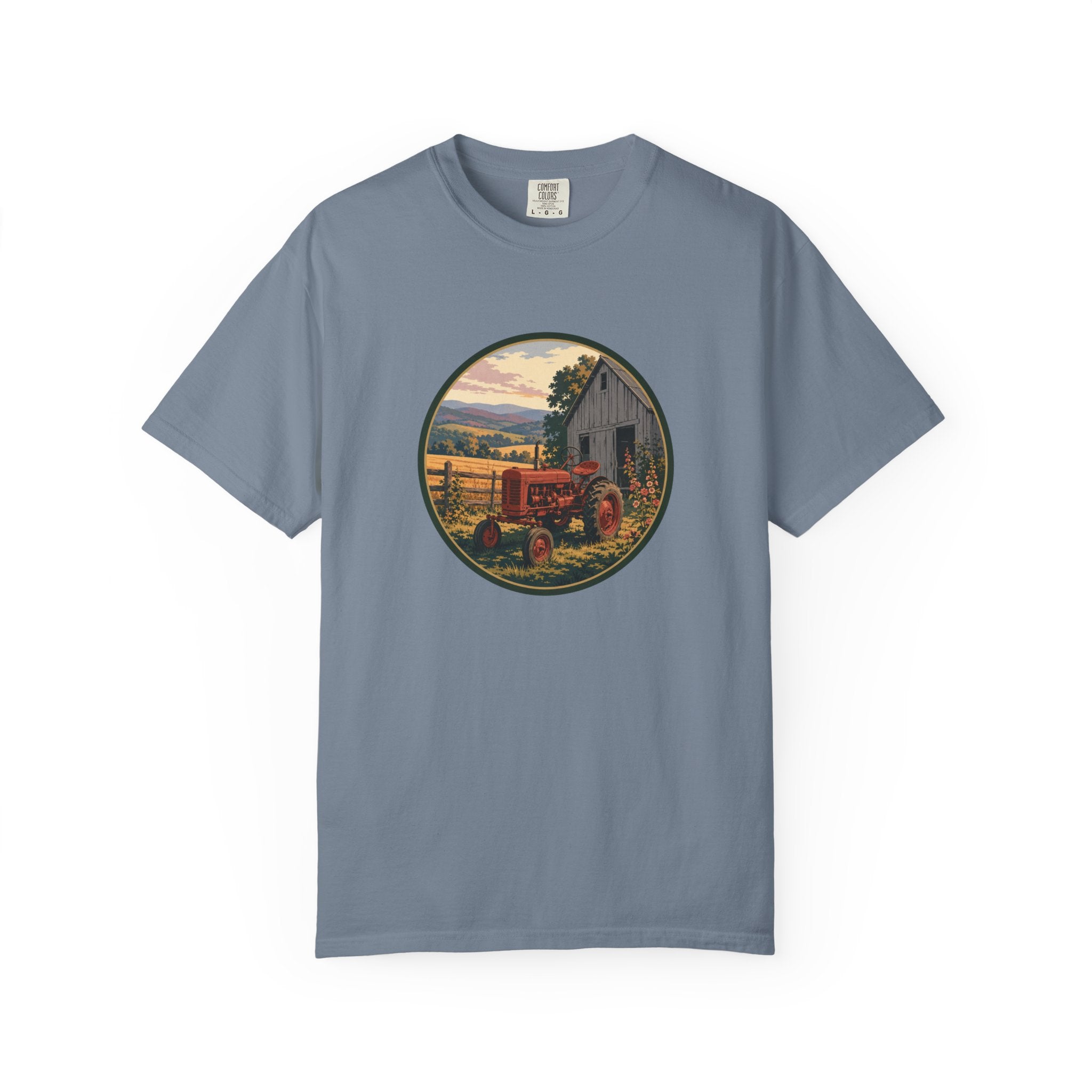 Vintage Farm Tractor T-Shirt — Rustic Barnyard Sunset Graphic Tee