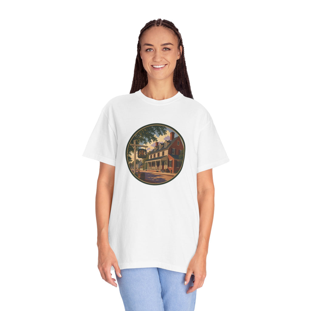 Historic Main Street Tavern T-Shirt — Colonial Village Scene Tee