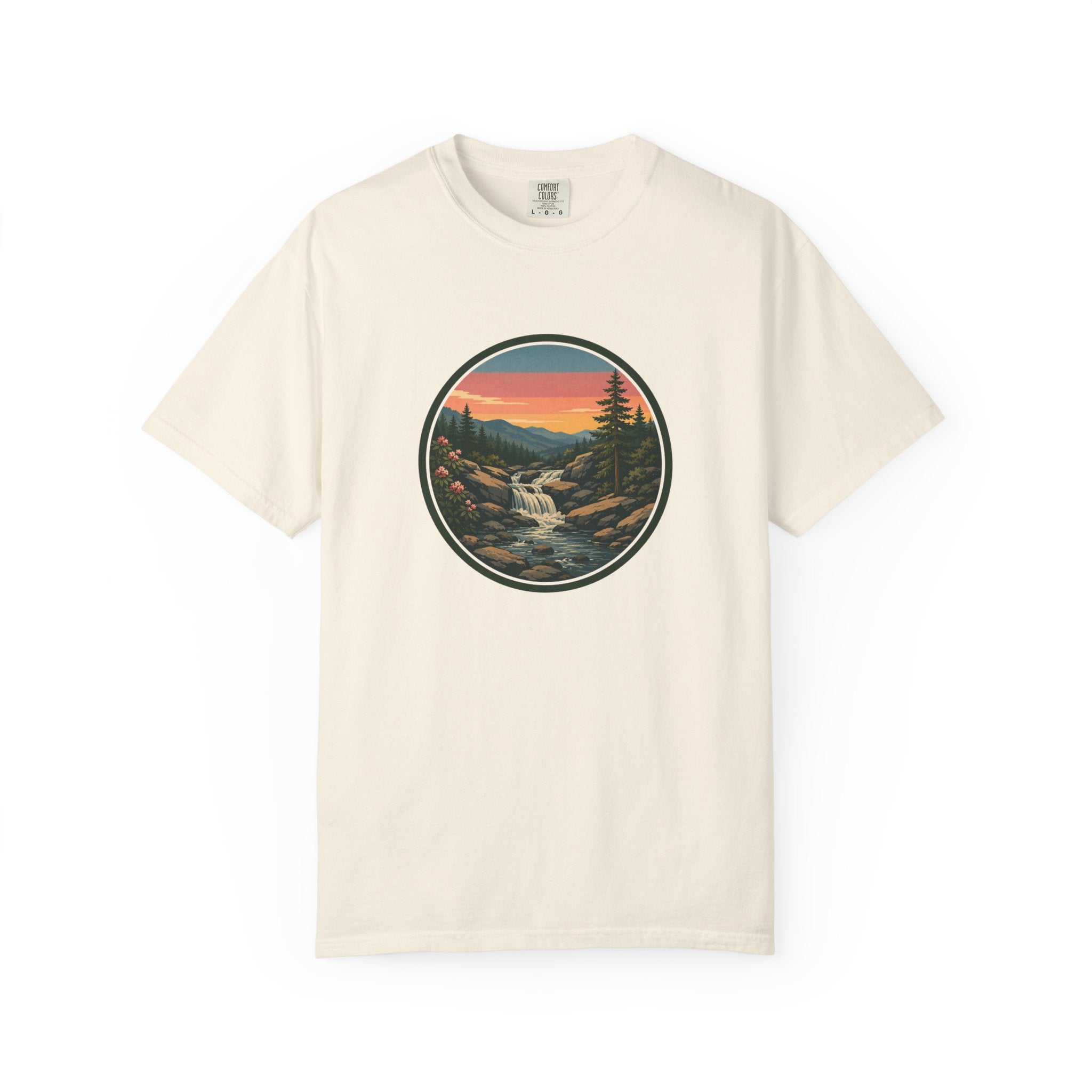 Scenic Waterfall T‑Shirt — Sunset Wilderness Nature Graphic