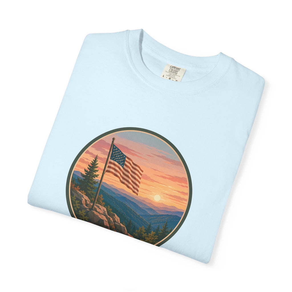 Flag Over Blue Ridge Mountains T-Shirt — Scenic Sunset American Flag Graphic Tee