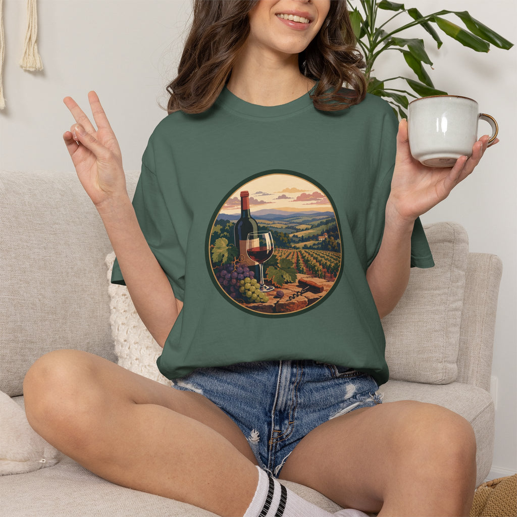 Wine Country Scenic T-Shirt – Vineyard Bottle & Sunset Graphic