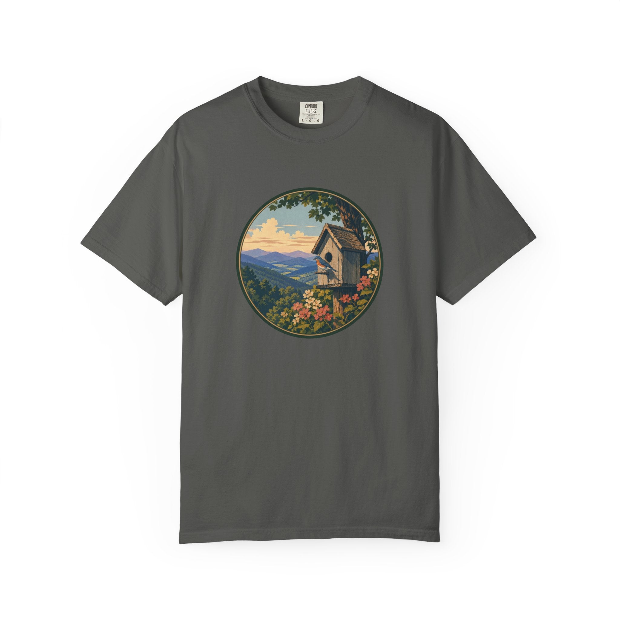 Scenic Birdhouse Tee — Mountain Sunrise Nature T-Shirt