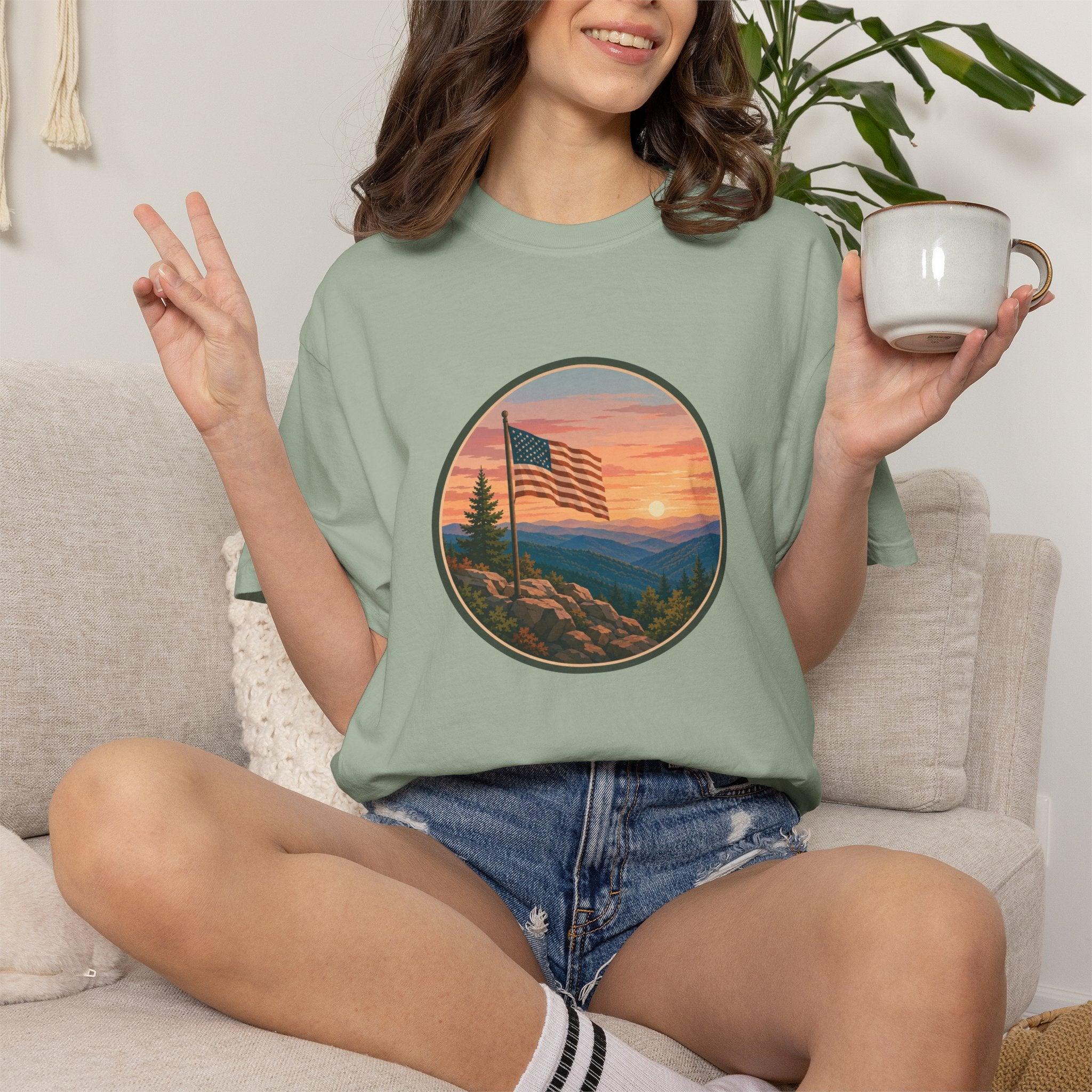 Flag Over Blue Ridge Mountains T-Shirt — Scenic Sunset American Flag Graphic Tee