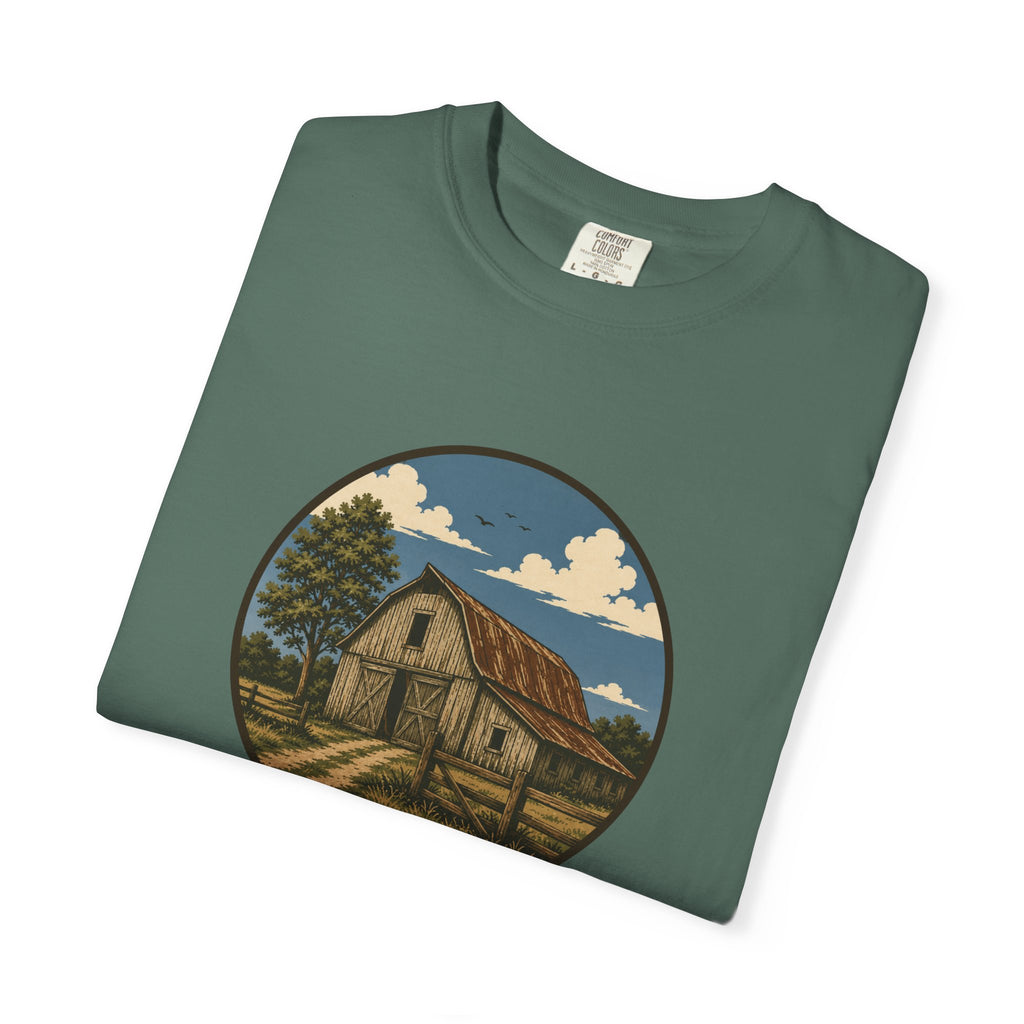 Barn Scene T-Shirt — Rustic Farmhouse Circle Graphic Tee