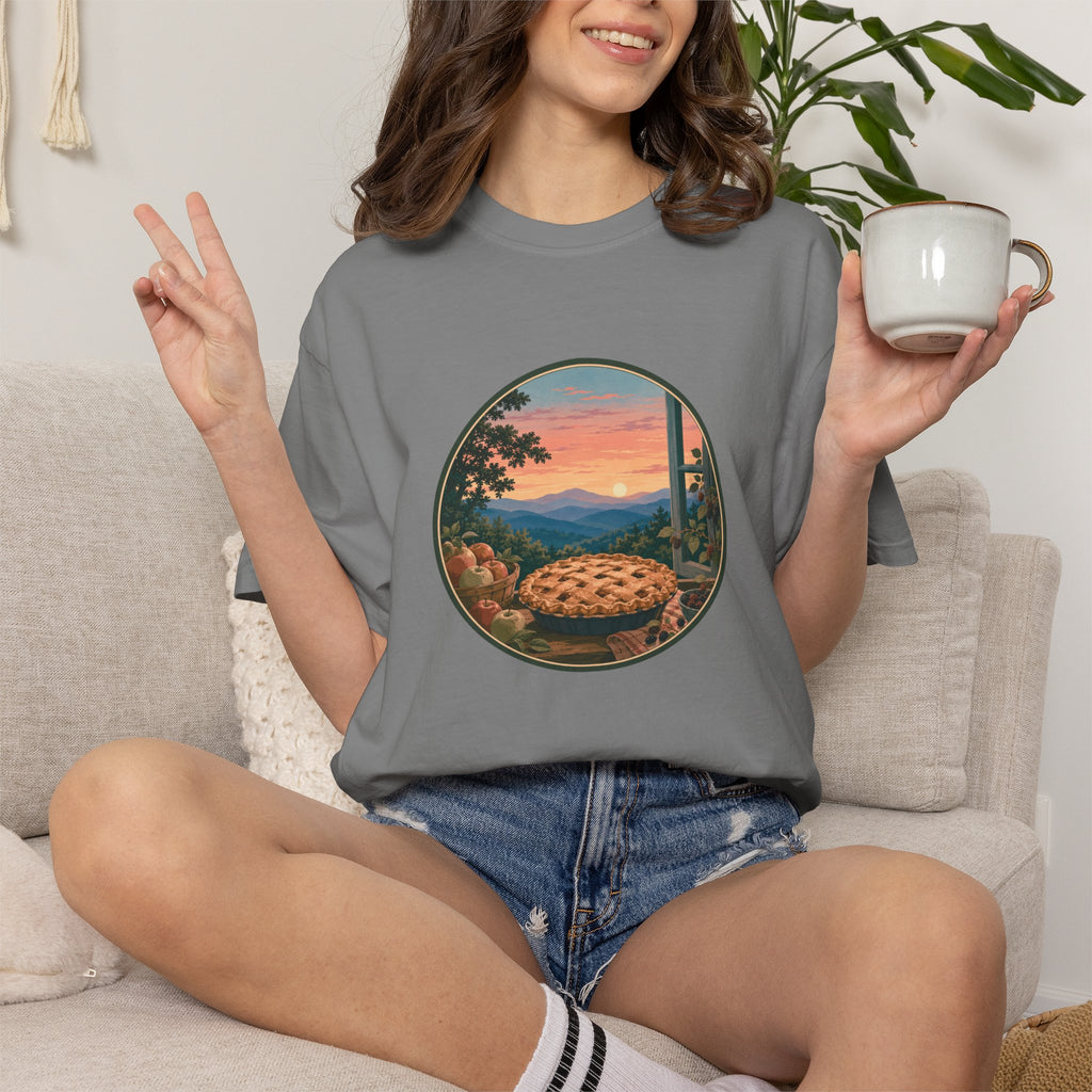 Scenic Pie Window T-Shirt — Sunset Mountain View Graphic Tee