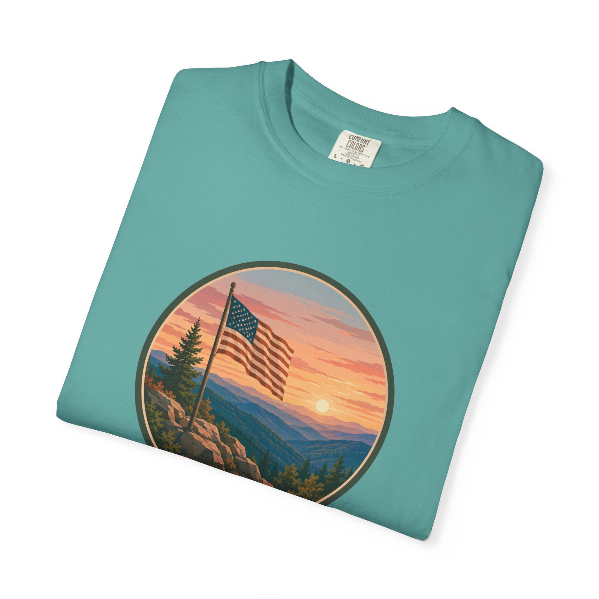 Flag Over Blue Ridge Mountains T-Shirt — Scenic Sunset American Flag Graphic Tee