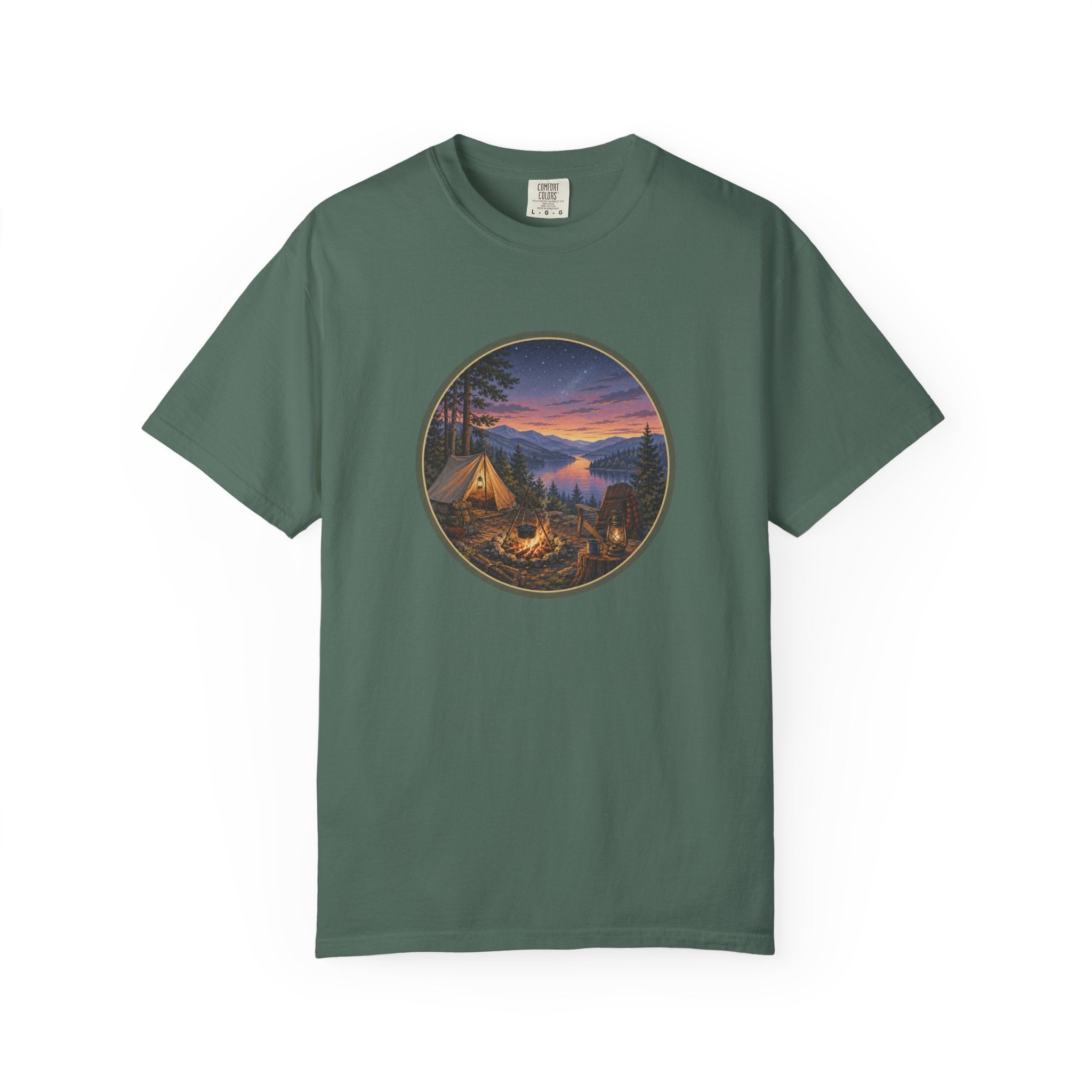 Camping Sunset T-Shirt — Riverside Campfire Night Scene