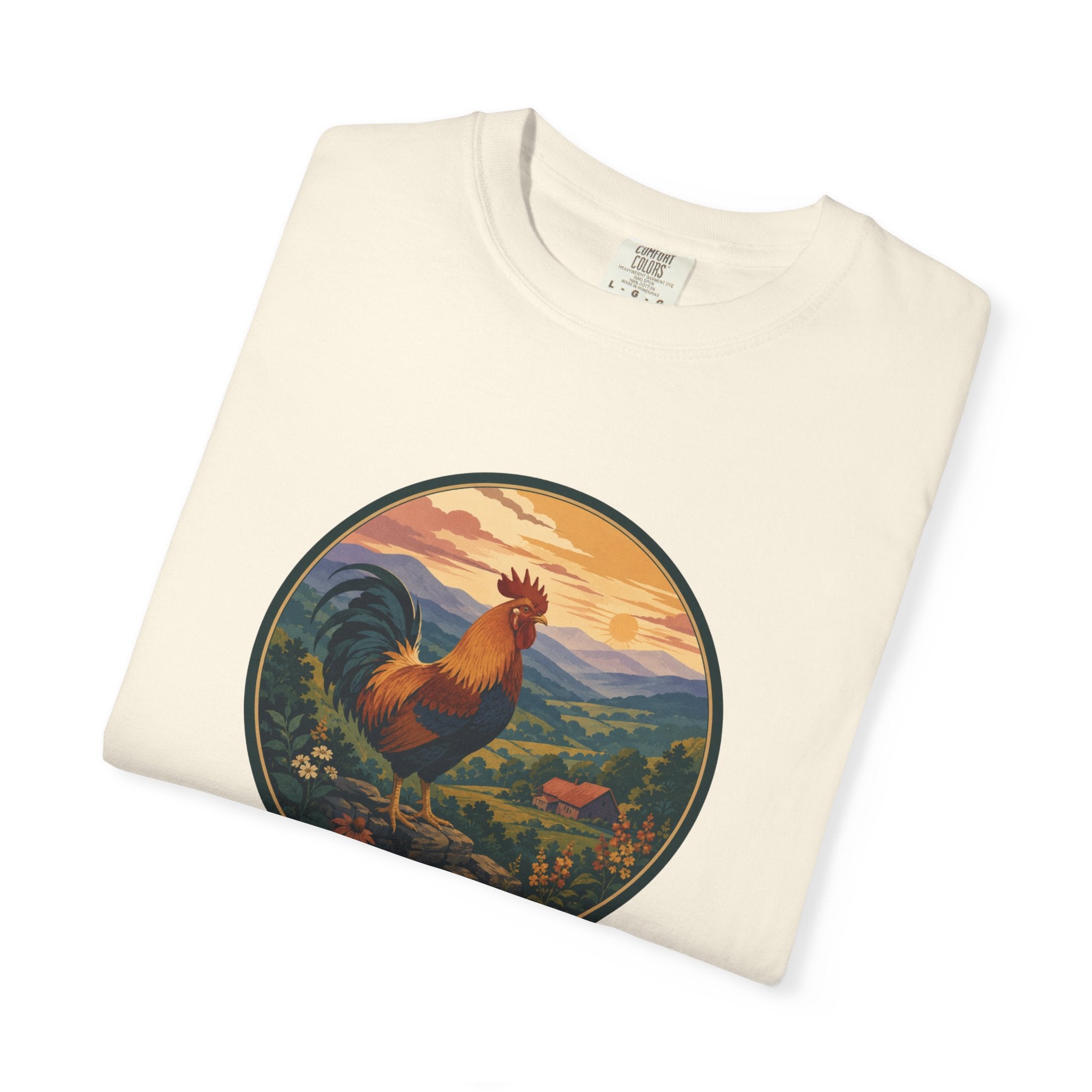 Blue Ridge Rooster Sunrise T-Shirt — Vintage Farm Scene Tee