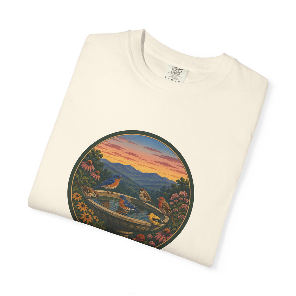 Sunset Garden Tee — Vintage Birdbath Landscape T-Shirt
