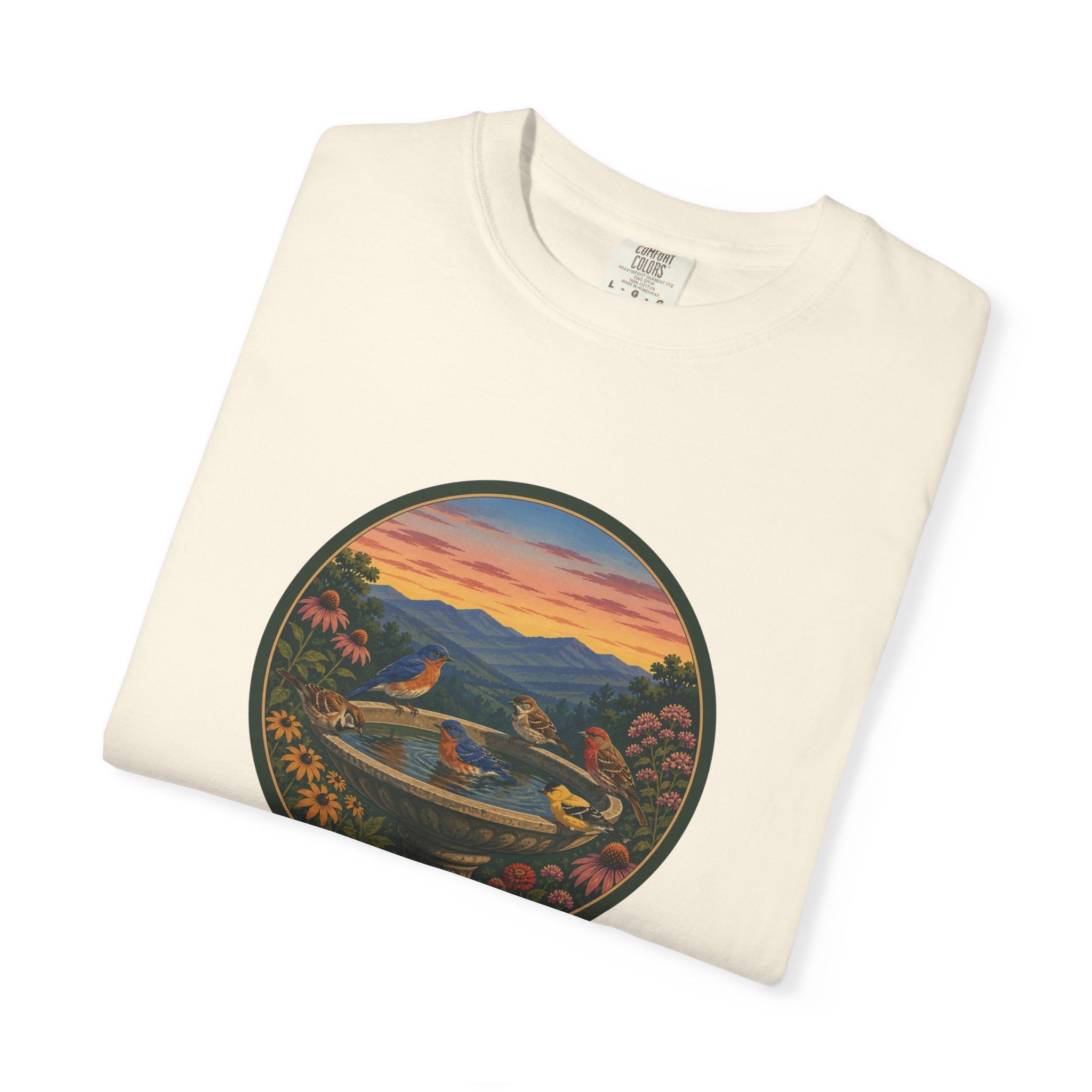Sunset Garden Tee — Vintage Birdbath Landscape T-Shirt