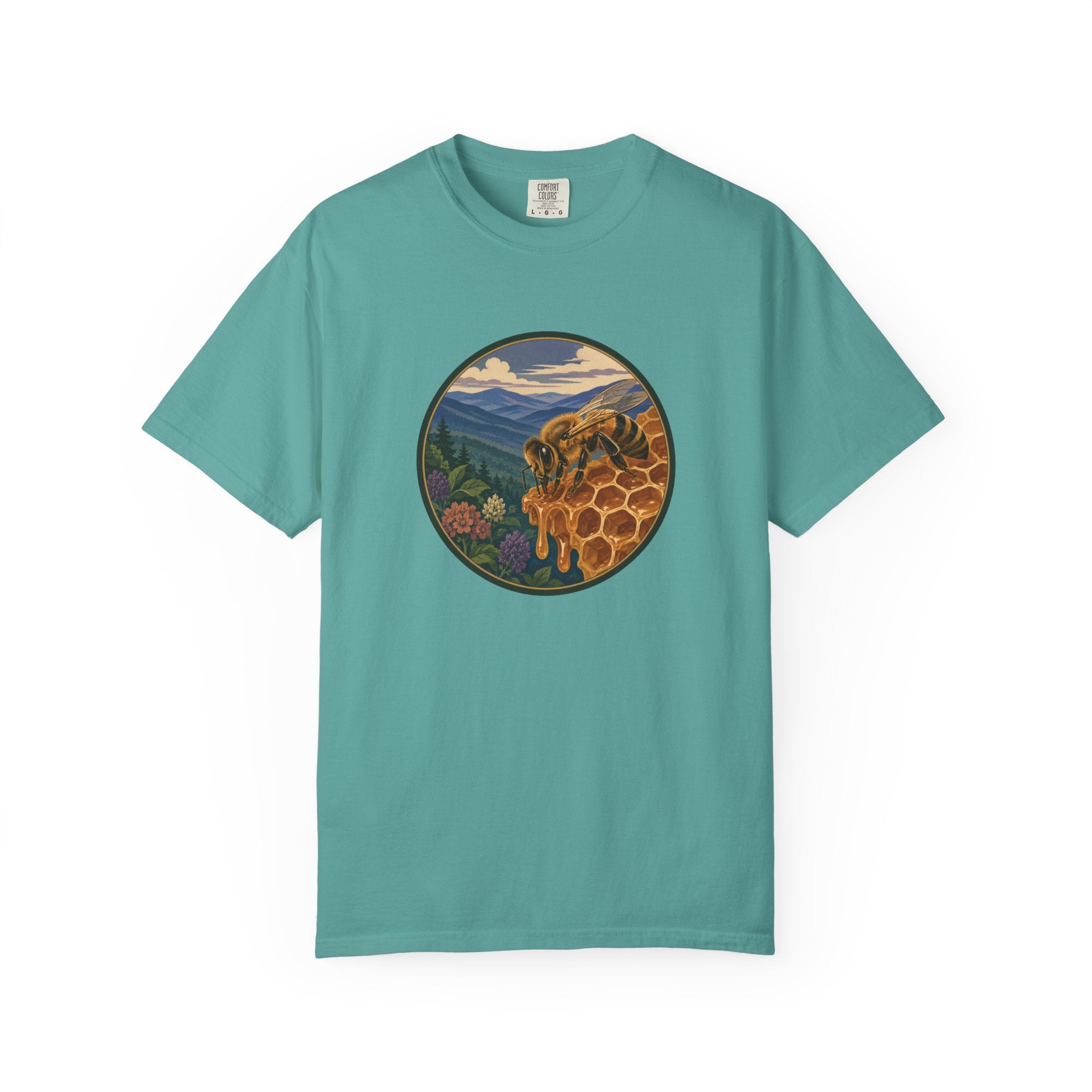 Honey Bee & Mountains Graphic T-Shirt — Honeycomb Nature Illustration