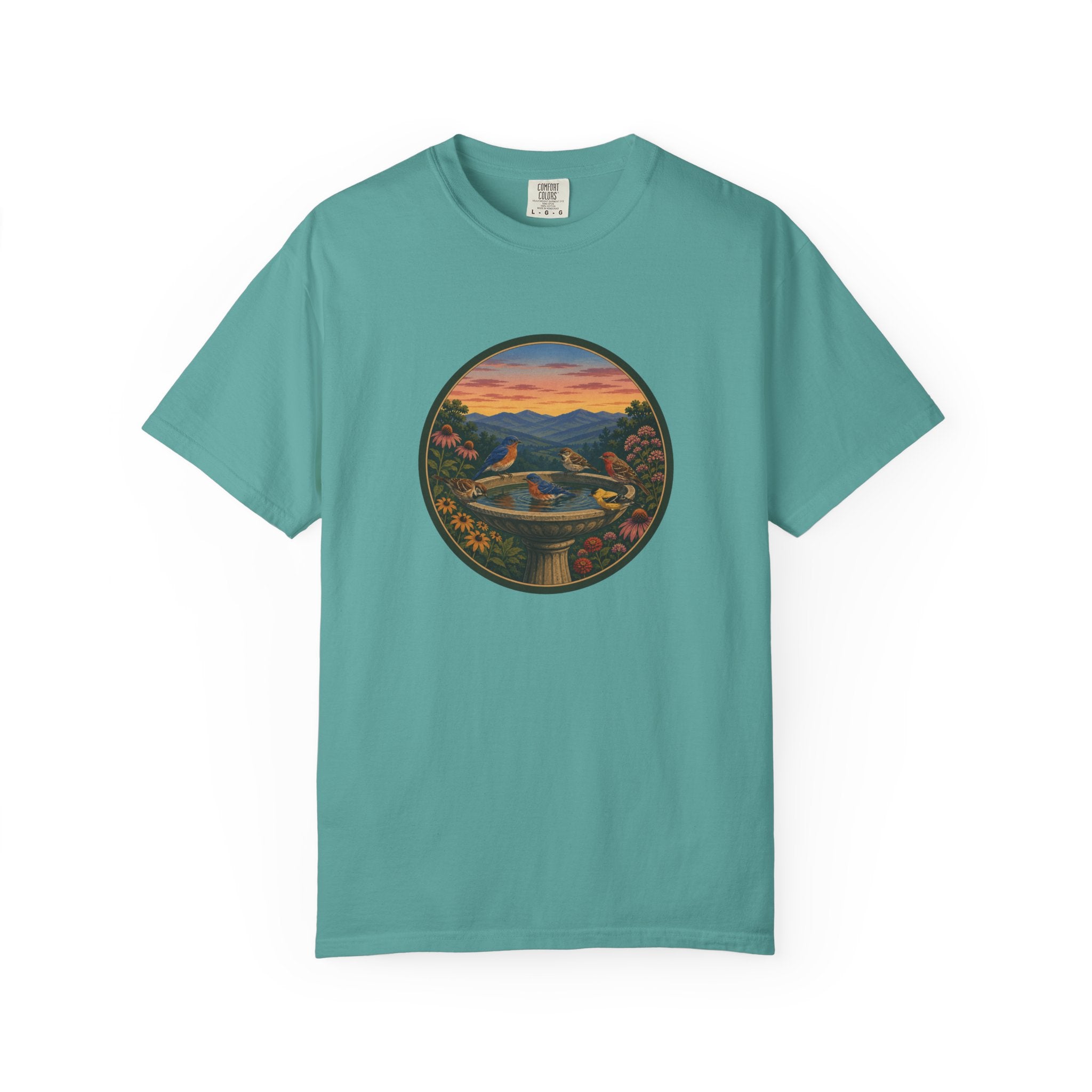 Sunset Garden Tee — Vintage Birdbath Landscape T-Shirt
