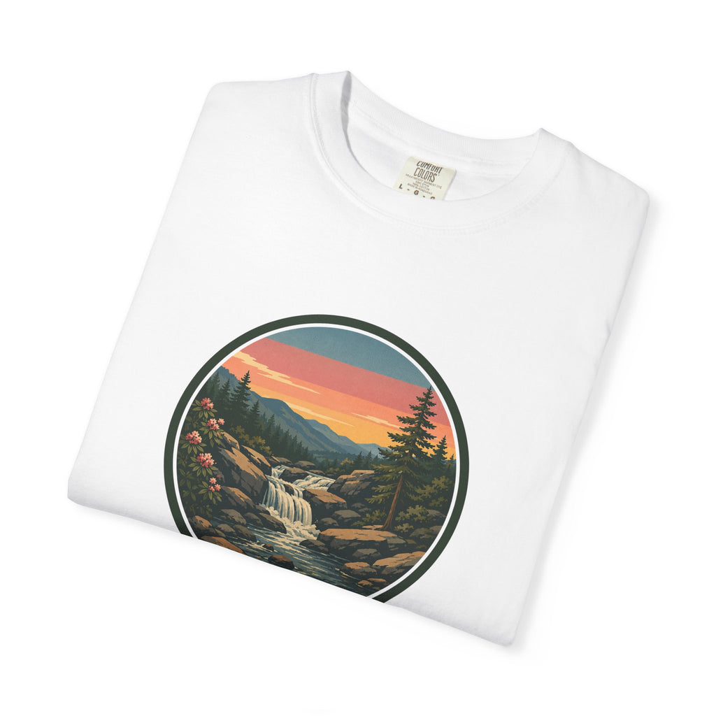 Scenic Waterfall T‑Shirt — Sunset Wilderness Nature Graphic