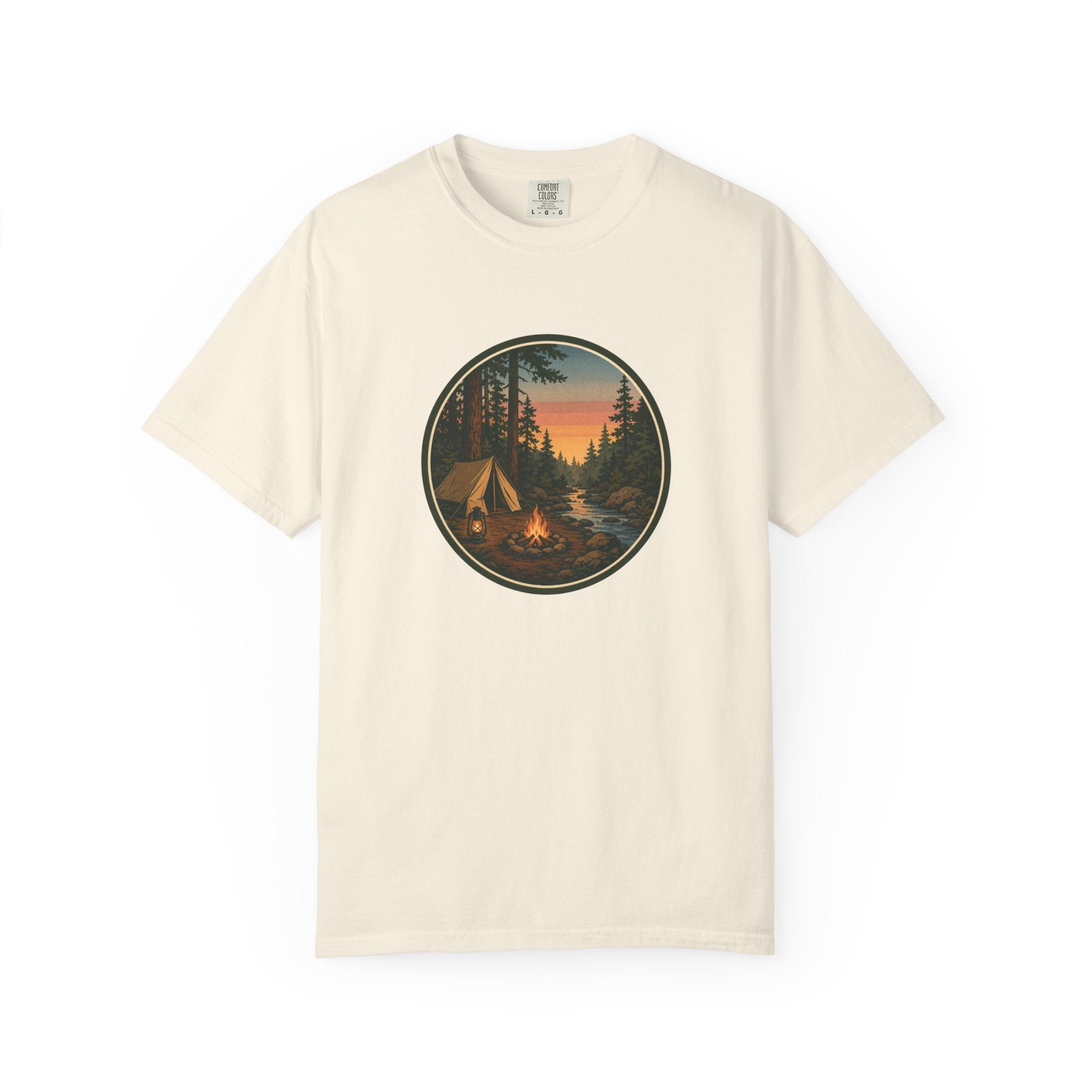 Camping Sunset T-Shirt — Vintage Tent & Campfire Graphic