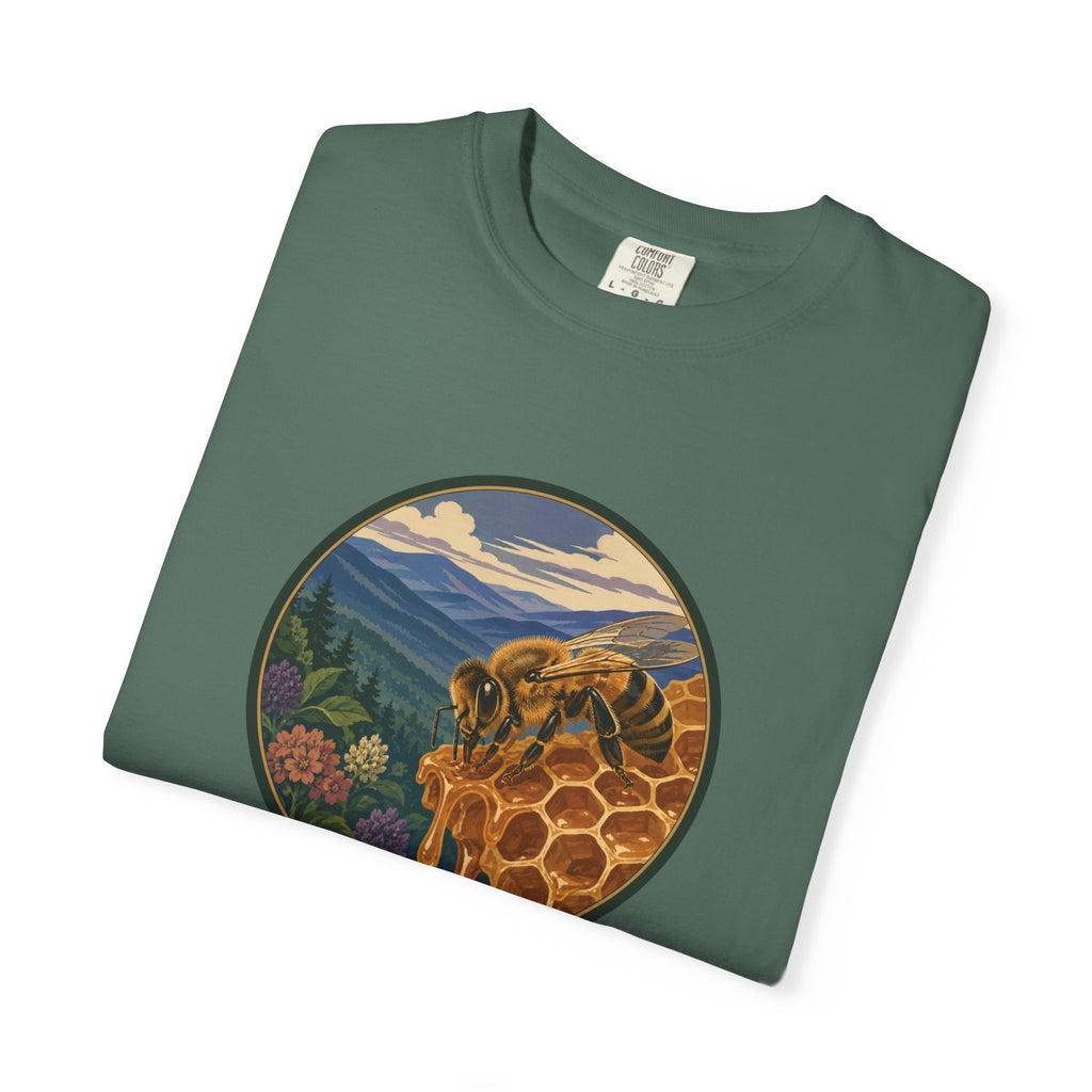 Honey Bee & Mountains Graphic T-Shirt — Honeycomb Nature Illustration