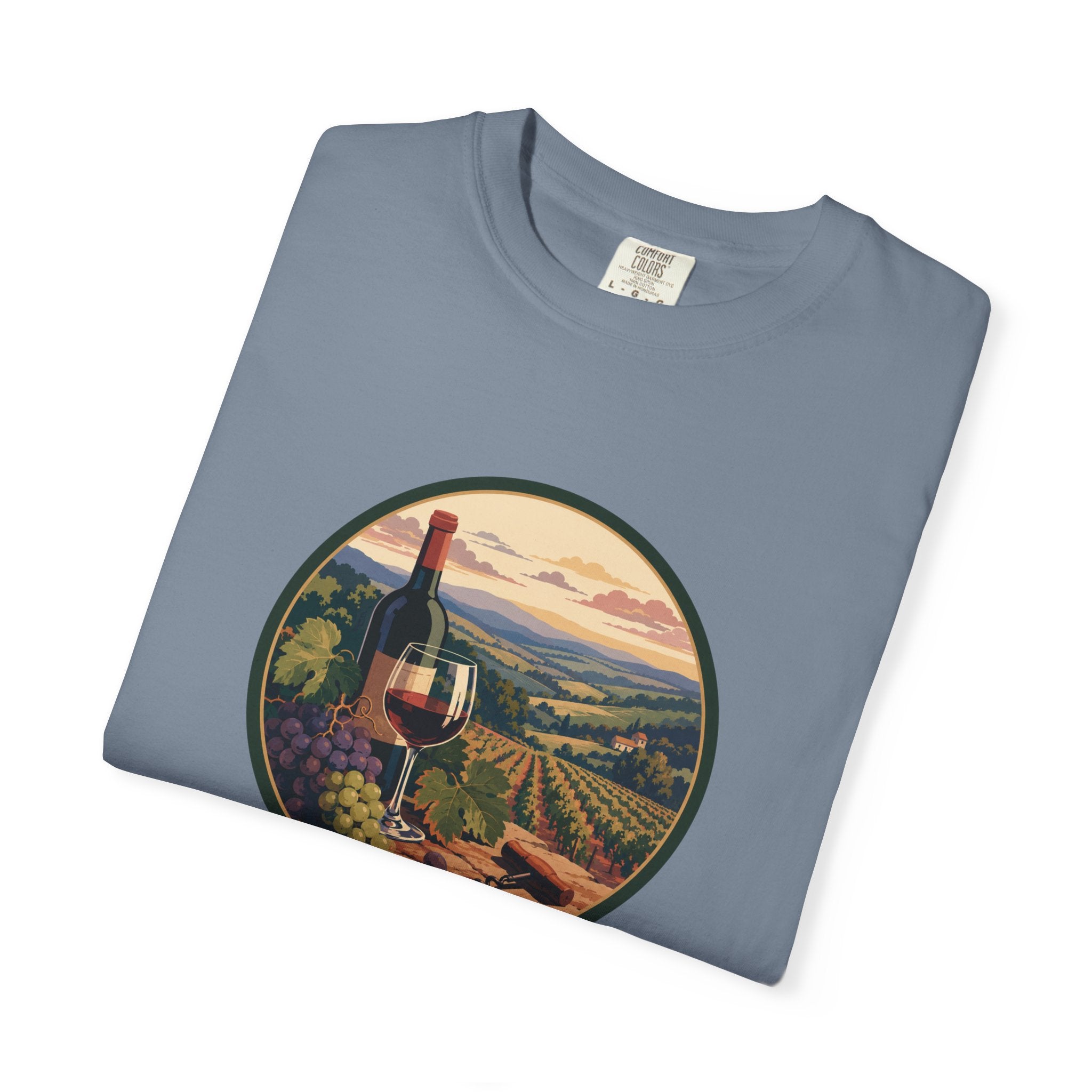 Wine Country Scenic T-Shirt – Vineyard Bottle & Sunset Graphic