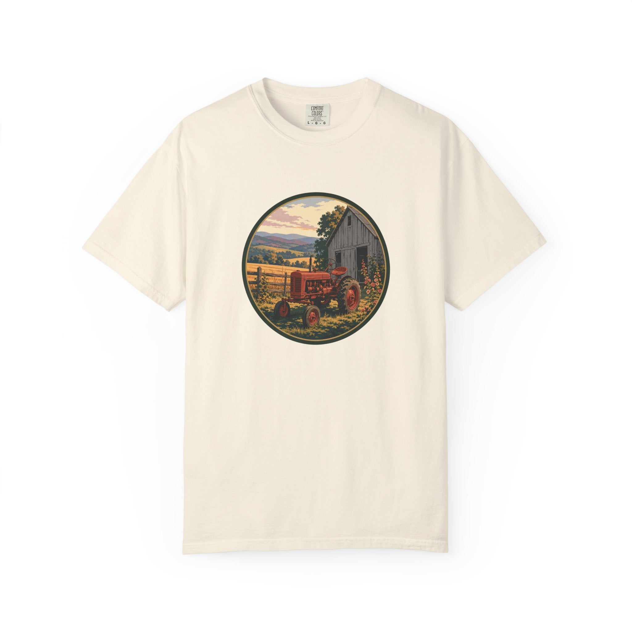 Vintage Farm Tractor T-Shirt — Rustic Barnyard Sunset Graphic Tee