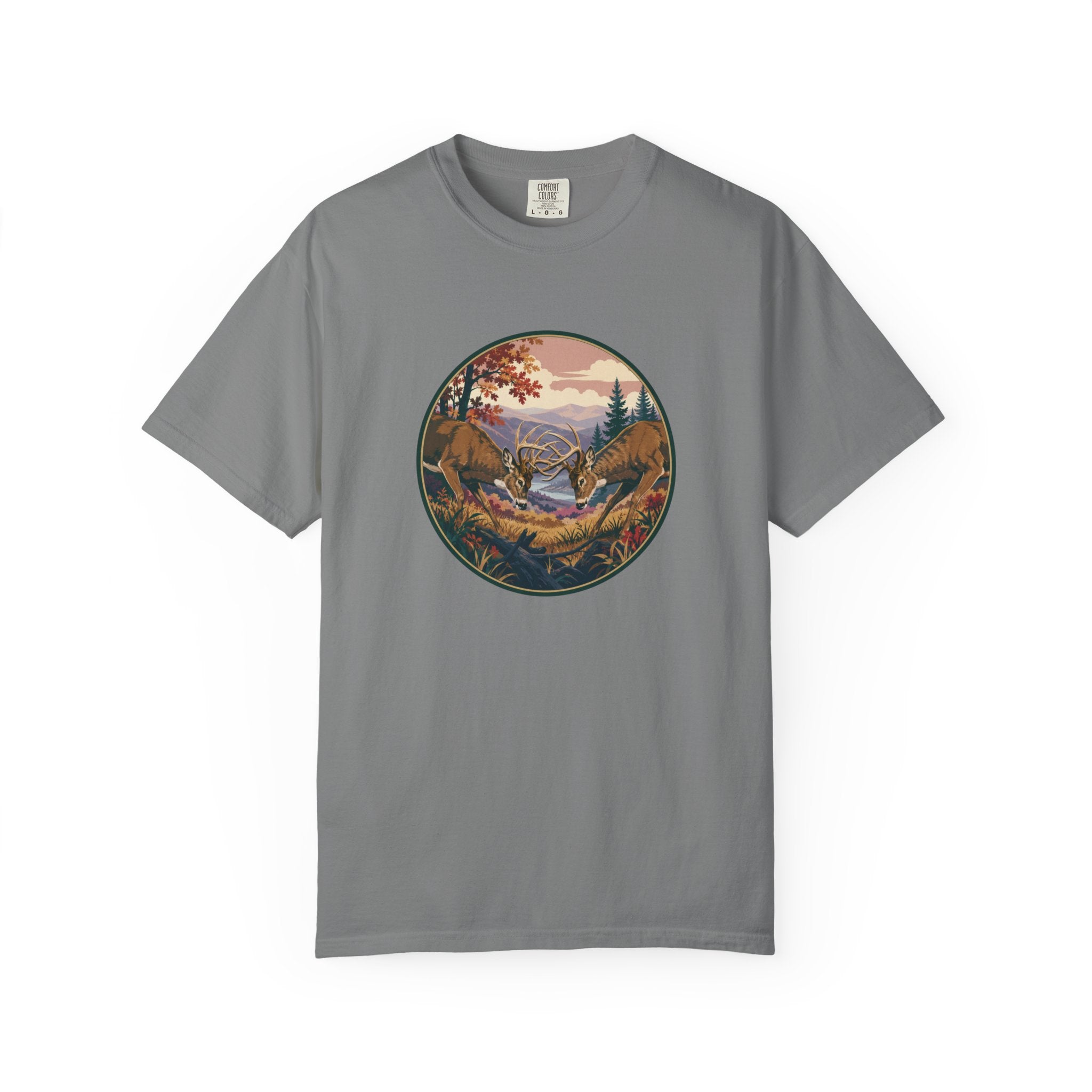 Scenic Wilderness Circle T-Shirt — Mountain Camping & Deer Nature Graphic